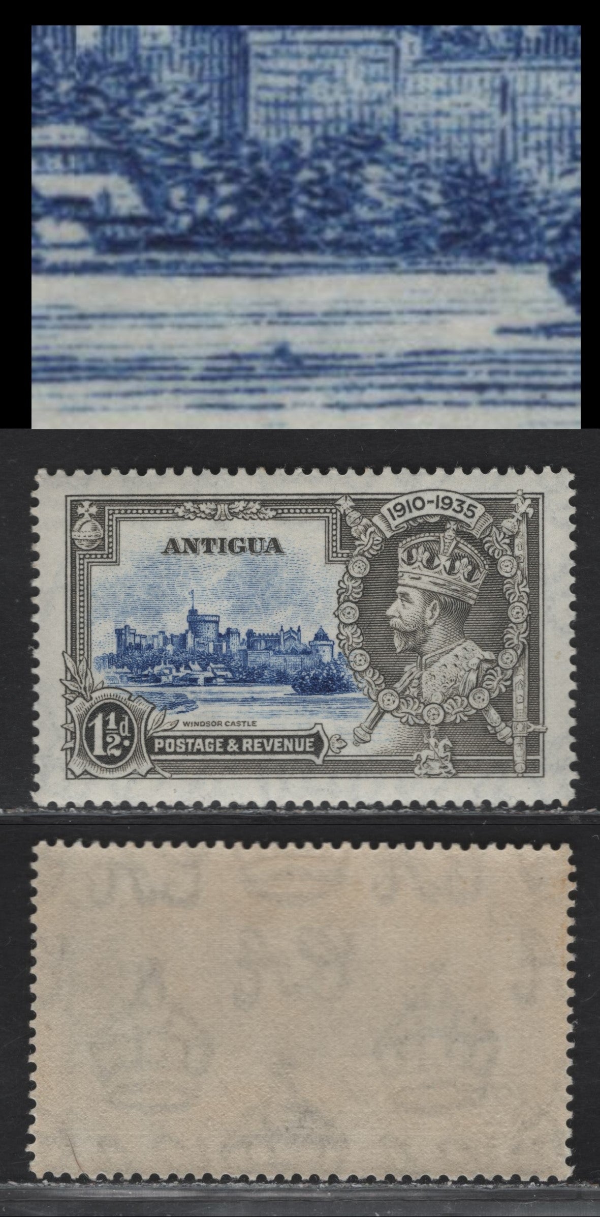 Lot 174 Antigua SG#92var 1.5d Deep Gray & Ultramarine Windsor Castle, 1935 Silver Jubilee Issue, A VFOG Single Showing Constant Buoy Flaw In Water, ,