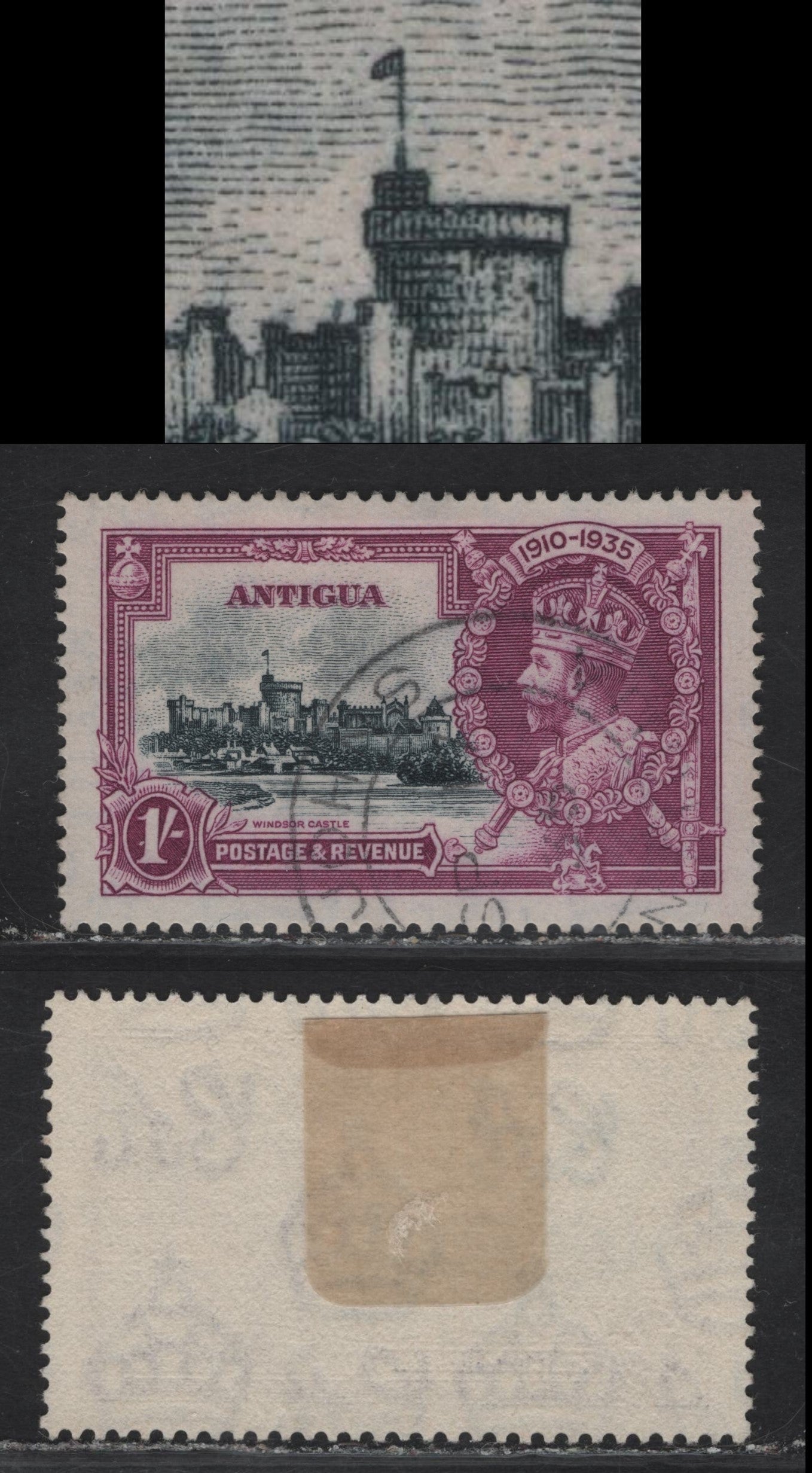 Lot 181 Antigua SG#94var 1/- Slate & Bright Purple Windsor Castle, 1935 Silver Jubilee Issue, A Very Fine Used Single, Showing Broken Flagstaff