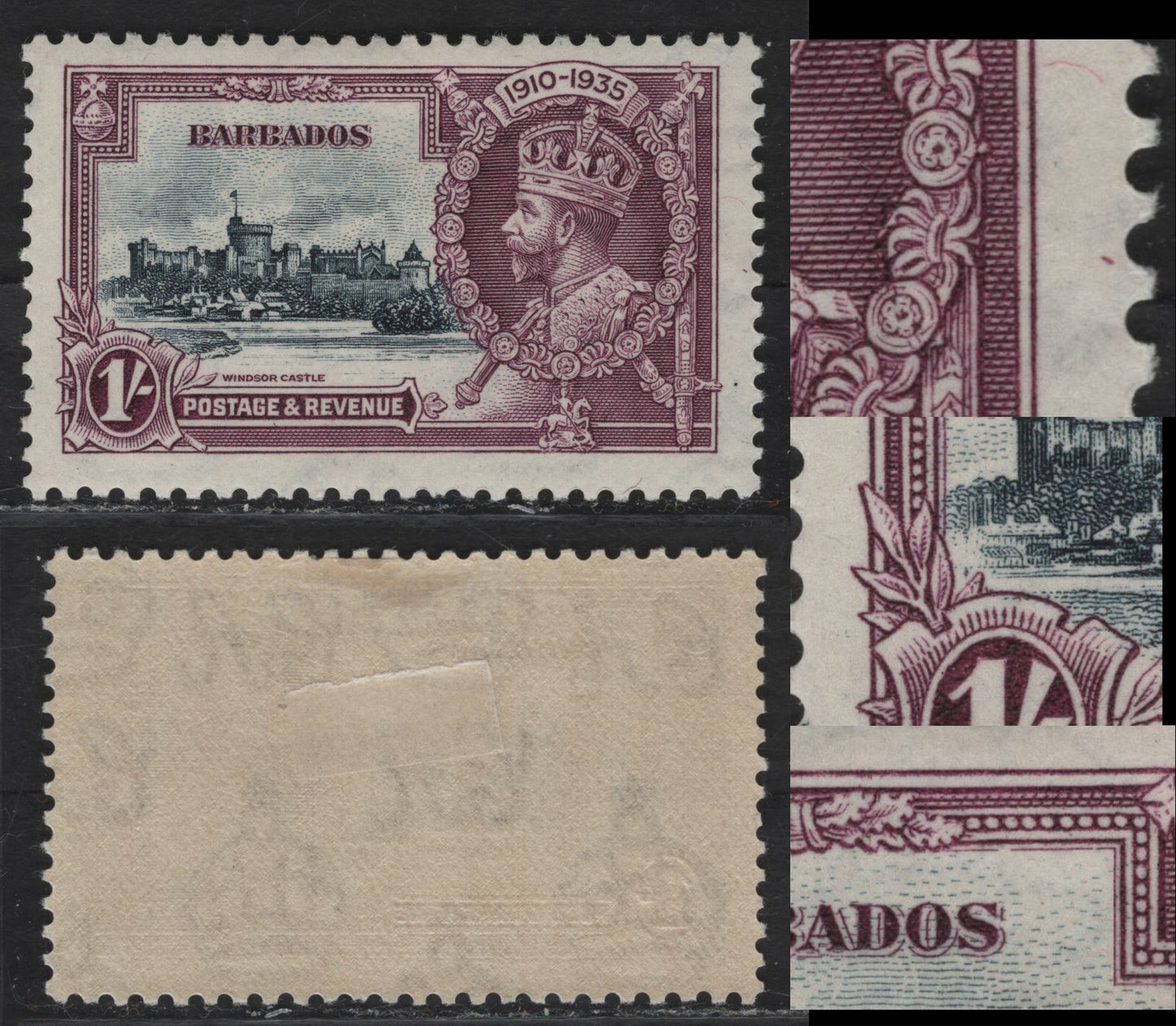 Lot 216 Barbados SG#244var 1/- Slate & Dull Purple Windsor Castle, 1935 Silver Jubilee Issue, A VFOG Single, Showing A Break In Inner Frameline Above S Of barbados, Small Dash In Right Mid Margin & teardrop between Leaves Above Value Tablet