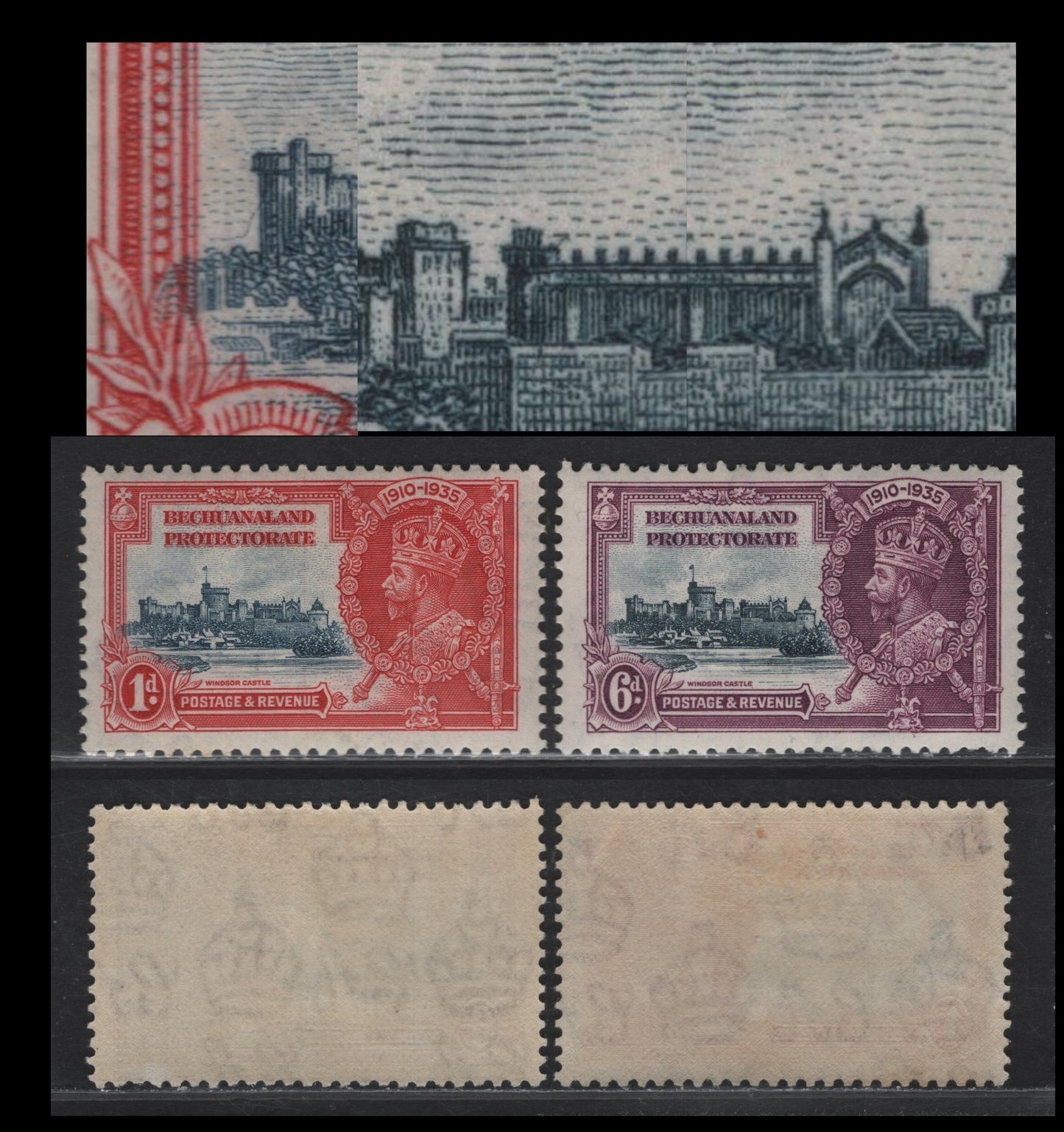Lot 231 Bechuanaland Protectorate SG#111var, 114var 1d - 6d Gray Blue & Deep Scarlet - Slate & Deep Purple Windsor Castle, 1935 Silver Jubilee Issue, 2 F/VFOG Singles, Potentially Constant Varieties Of the Vignette Plate