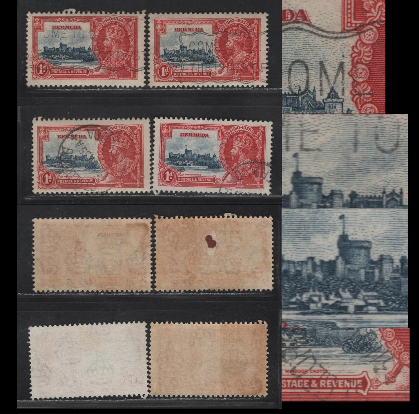 Lot 244 Bermuda SG#94 1d Gray Blue & Scarlet Windsor Castle, 1935 Silver Jubilee Issue, 4 Fine/Very Fine Used Singles, Plate Varieties & Flaws That Are Likely Constant, Involving The Vignette Plate