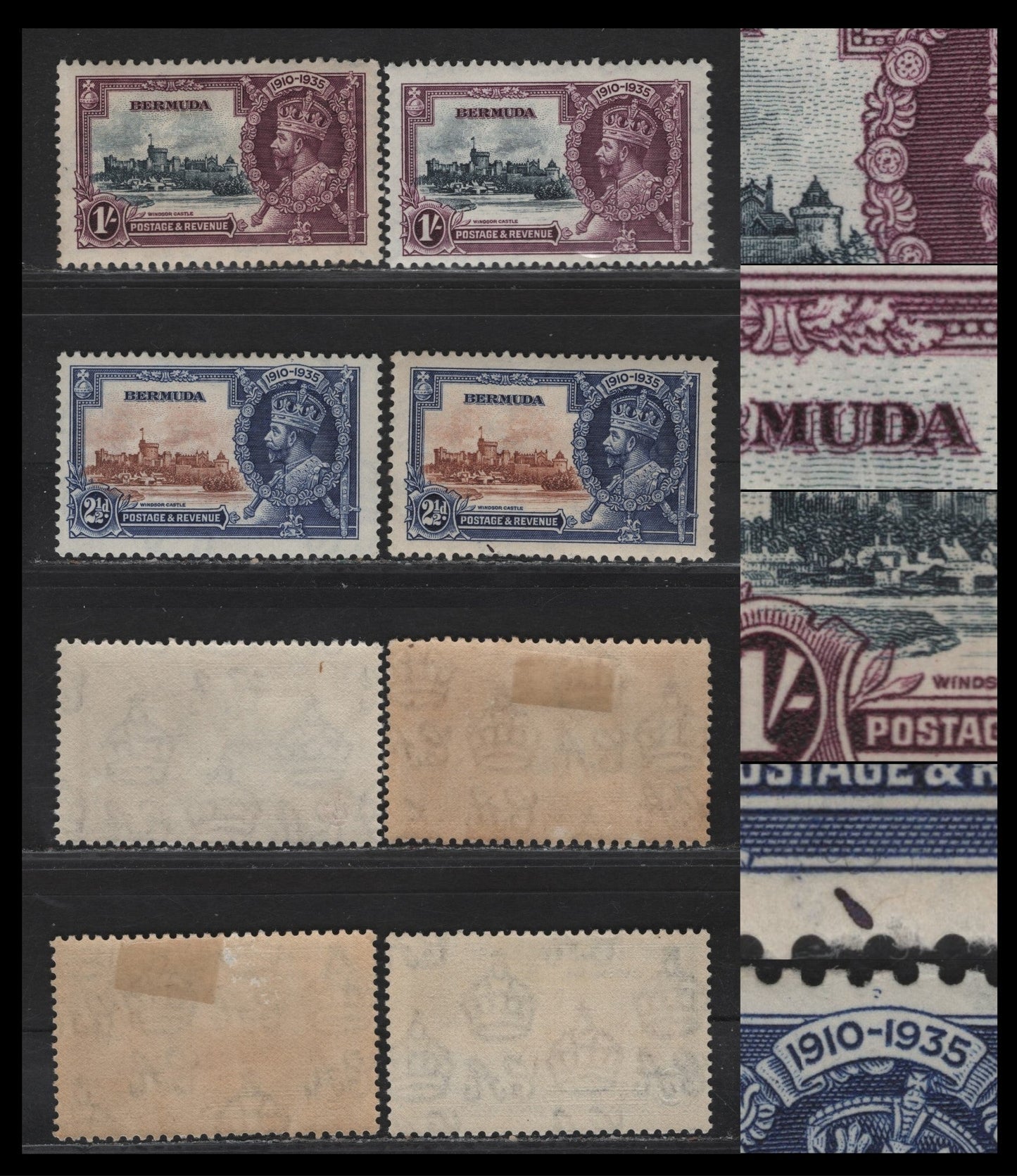 Lot 249 Bermuda SG#96-97var 2.5d - 1/- Yellow Brown & Deep Blue - Slate & Plum Windsor Castle, 1935 Silver Jubilee Issue, 4 F/VFOG Singles, Plate Flaws & Varieties, Many of Which Are Likely Constant, And All Involve The Frame Plate.