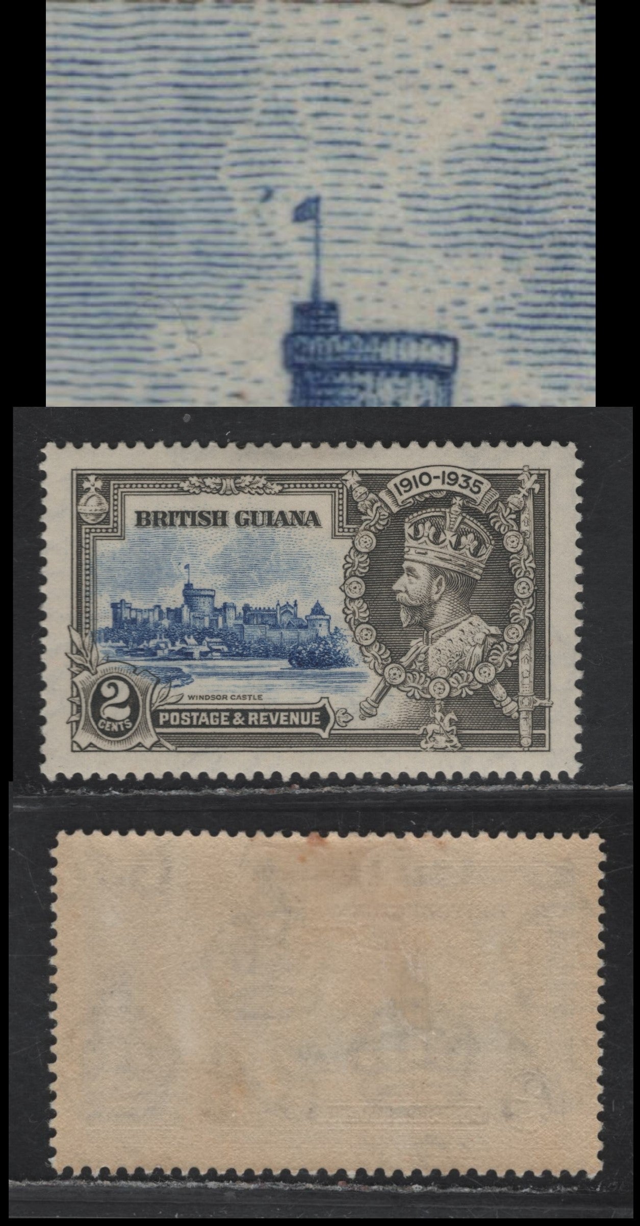Lot 254 British Guiana SG#301h 2c - 24c Deep Ultramarine & Deep Gray Windsor Castle, 1935 Silver Jubilee Issue, A VFOG Single, Dot By Flagstaff Vareity