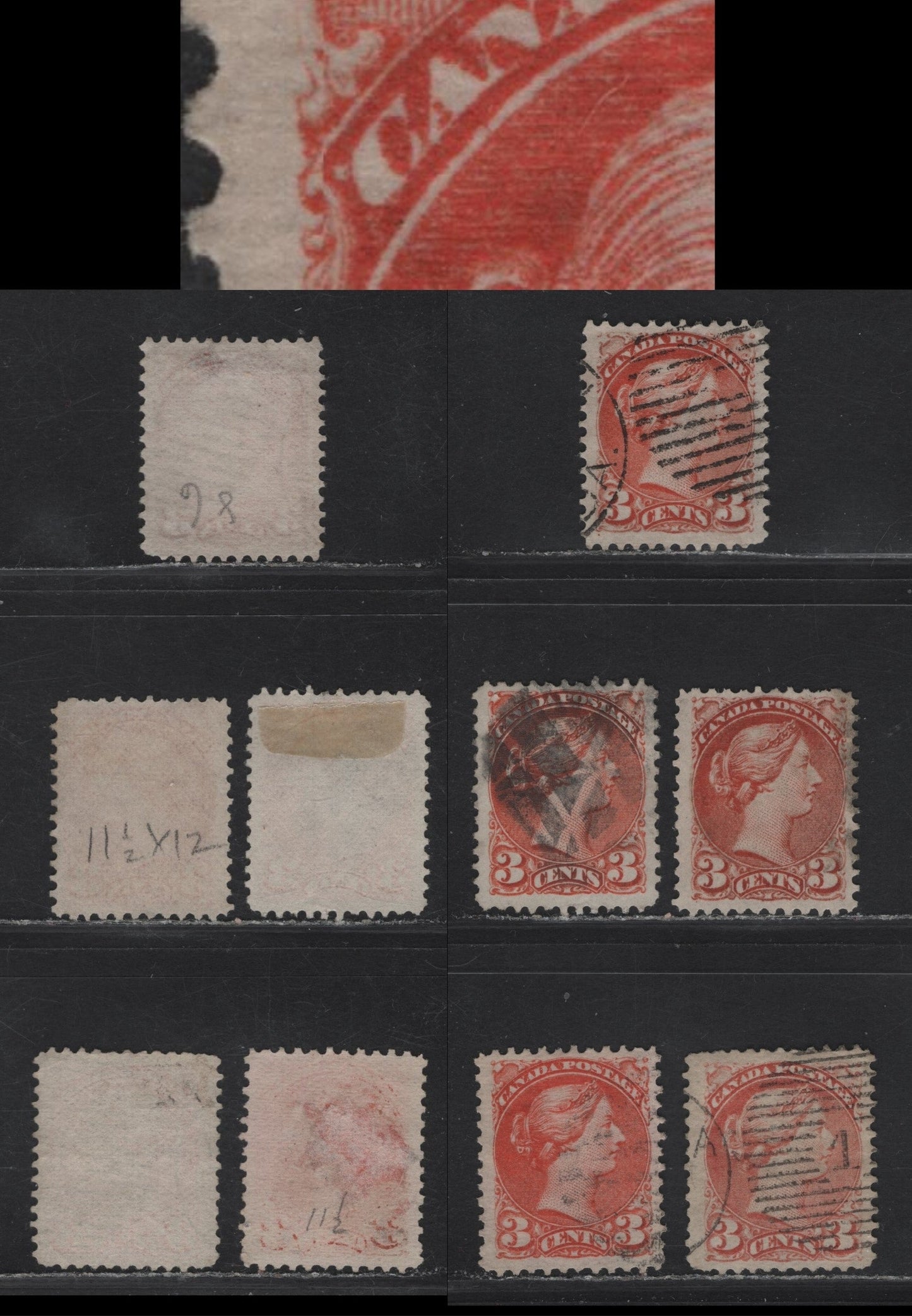 Lot 48 (C) Canada #37, 37c, 37ii 3c Orange Red & Dull Red Queen Victoria, 1870-1893 Small Queen Issue, 5 Fine/Very Fine Used Singles, Mid Montreal Printings, Different Papers & Perfs