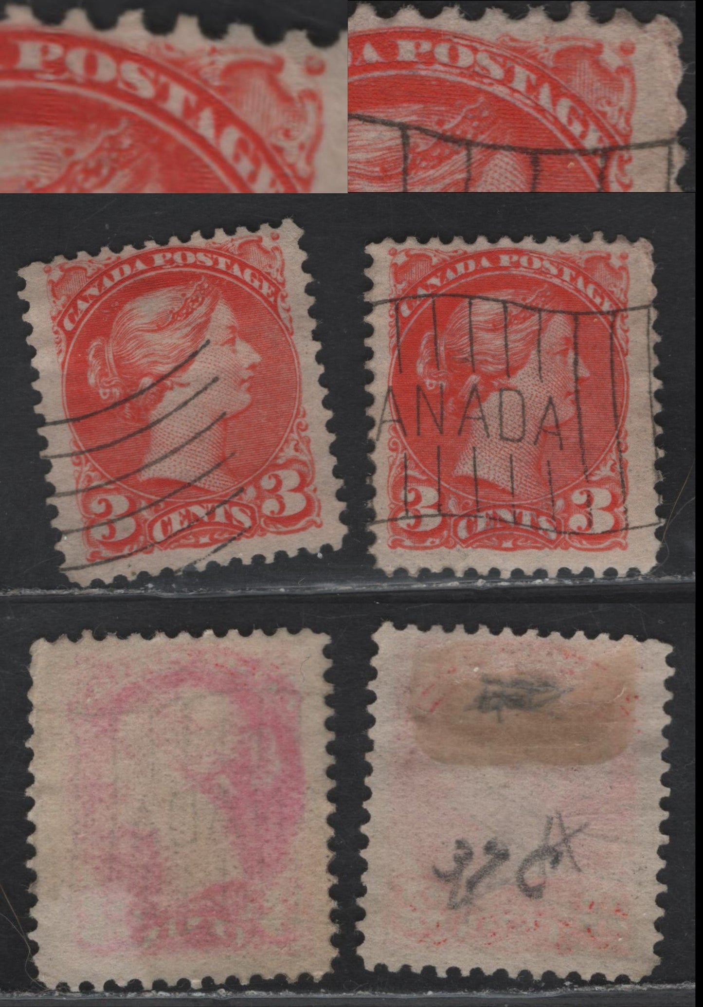 Lot 67 (C) Canada #41var 3c Vermillion & Aniline Orange Vermillion Queen Victoria, 1888-1897 Small Queen Issue, 2 Fine Used Singles, Late Second Ottawa Printings, Paper 2O-AA, Dry Inking Above & Below Canada Postage & Below 'PO' of Postage.