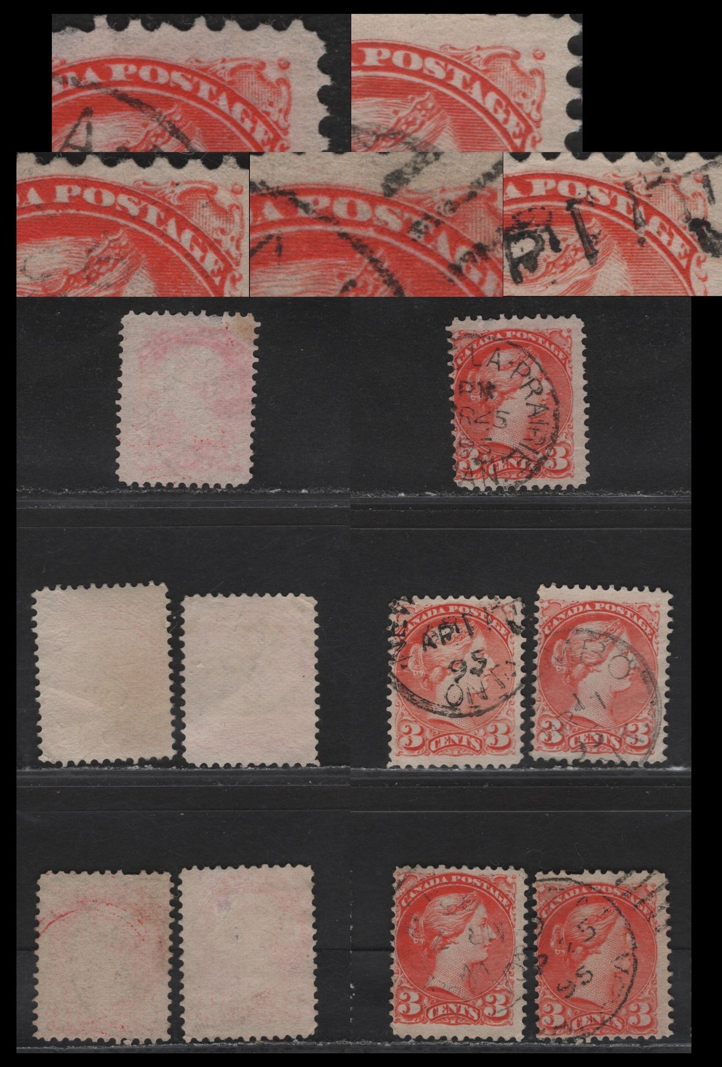 Lot 83 (C) Canada #41var 3c Vermillion & Orange Vermillion Queen Victoria, 1888-1897 Small Queen Issue, 5 Very Good/Fine Used Singles, Early to Mid 2nd Ottawa Printings, Different Inking Flaws Affecting 'Postage', Papers 2O-I & 2O-HH.