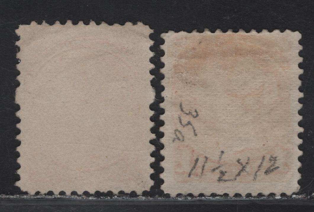 Lot 9 (C) Canada #35d, 35a 1c Yellow Orange - Orange Queen Victoria, 1870-1893 Small Queen Issue, 2 Fine Used Singles, Early-Mid Montreal & Early Montreal Printings, Papers MM-D & EM-C, Perfs 11.5x12 & 12, One With No Pos. Dot, Other At LL.