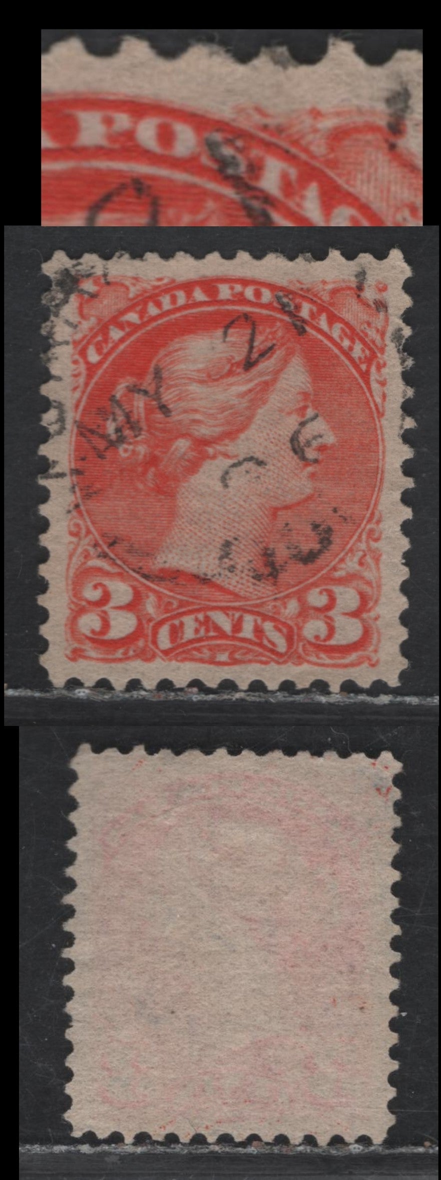 Lot 91 (C) Canada #41var 3c Vermillion Queen Victoria, 1888-1897 Small Queen Issue, A Very Fine Used Single, Re-Entry Of 'POS' Of Psotage, Late 2nd Ottawa Printing, Paper 2O-B, Perf 12x12.1.