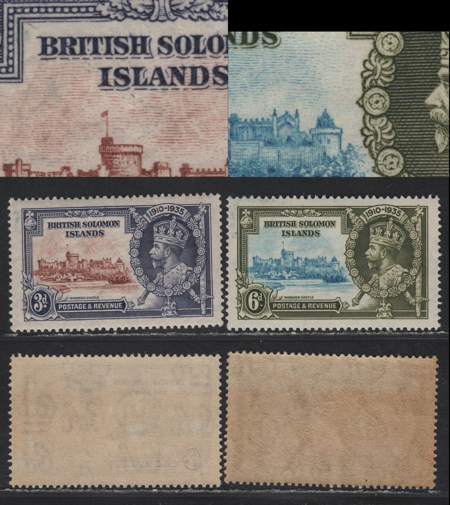 Lot 217 (C) British Solomon Islands SG#54var, 55var 3d - 6d Chalky Blue & Pale Red Brown - Light Blue & Olive Green KGV & Windsor Castle, 1935 Silver Jubilee Issue, 2 VFNH Singles, Showing Unlisted Plate Varieties Involving The Frame & Vignette Plates