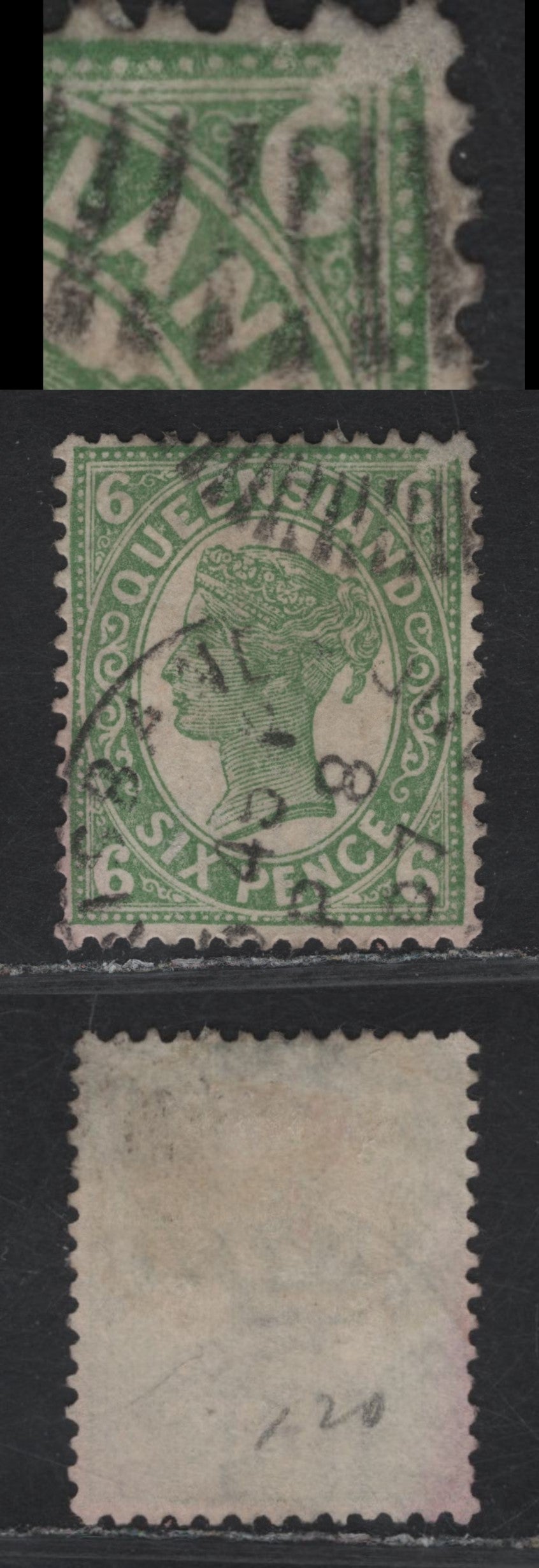 Lot 33A (C) Queensland SG#249var 6d Green Queen Victoria, 1897-1908 Queen Victoria Sidefaces Issue, A Fine Used Single, Showing Void UR Corner, Unlisted In Gibbons, But Interesting & Striking, Numerals In All Corners.