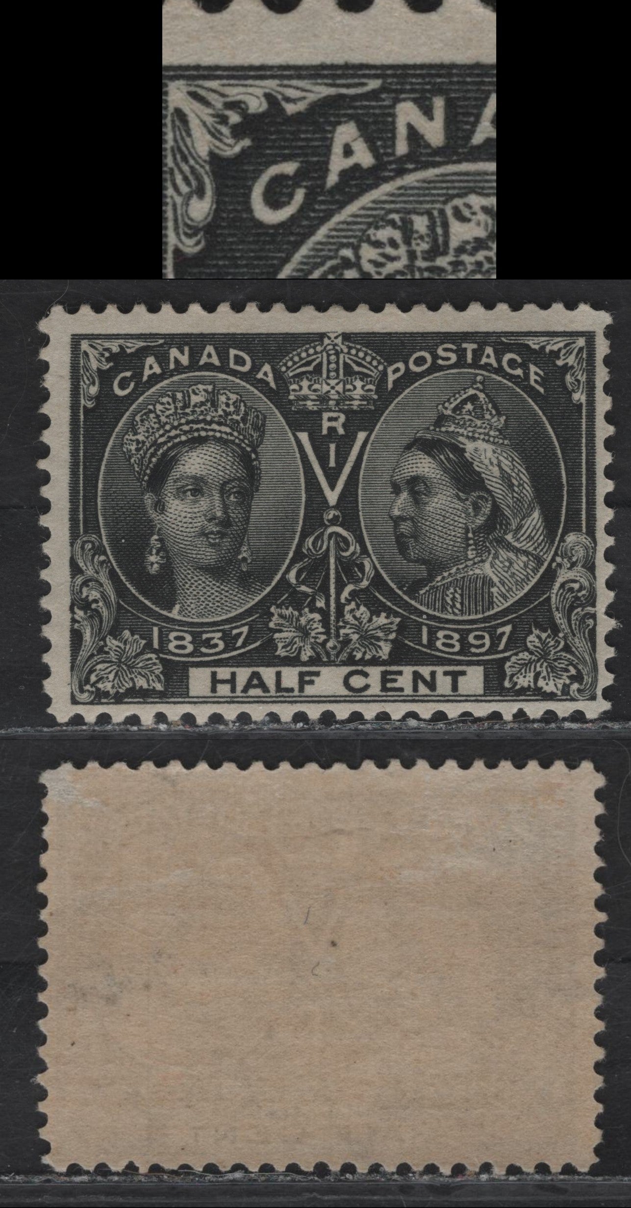 Lot 60 (C) Canada #50var 1/2c Jet Black Queen Victoria, 1897 Diamond Jubilee Issue, A FOG Single, Paper ABN-U, Perf 11.9x12, Showing Fine Horizontal Dash Inside First A of Canada.