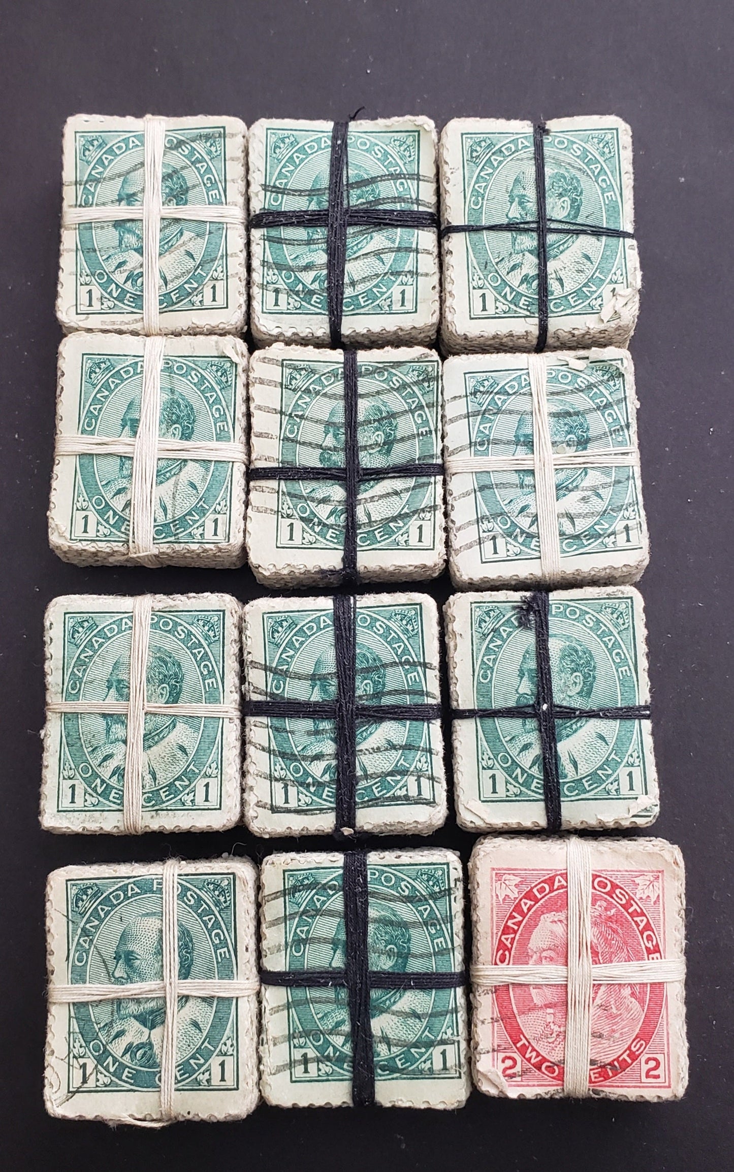 Lot 103 Canada #77, 89 1c - 2c Green - Carmine King Edward VII - Queen Victoria, 1898-1908 Numeral - King Edward VII Issues, 12 Very Fine Used Bundles Of 100, Totally Unpicked For Re-Entries, Hairlines, Plate Varieties & Cancels