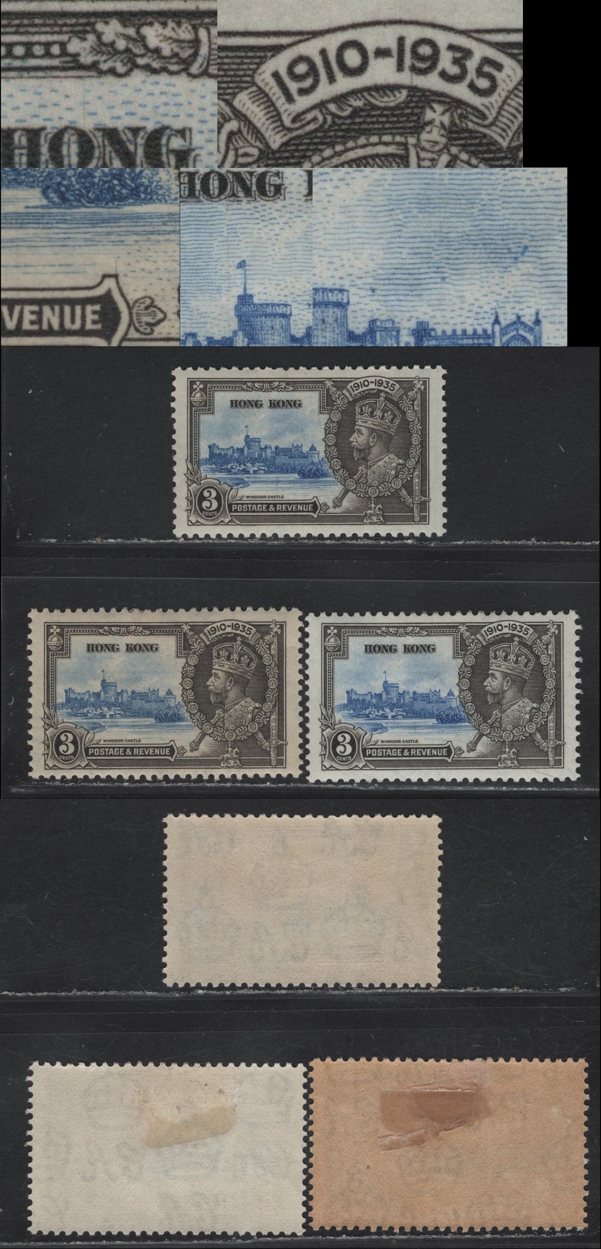Lot 130 (C) Hong Kong SG#133var 3c Ultramarine & Gray Black KGV & Windsor Castle, 1935 Silver Jubilee Issue, 3 VFOG Singles, Showing 3 Different Hairlines
