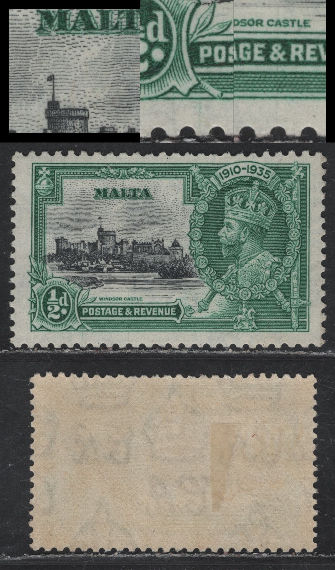 Lot 184 Malta SG#210var 1/2d Black & Blue Green KGV & Windsor Castle, 1935 Silver Jubilee Issue, A VFOG Single Showing Hairlines In Black & Green Resulting From Cracks Of the Frame & Vignette Plates, ,