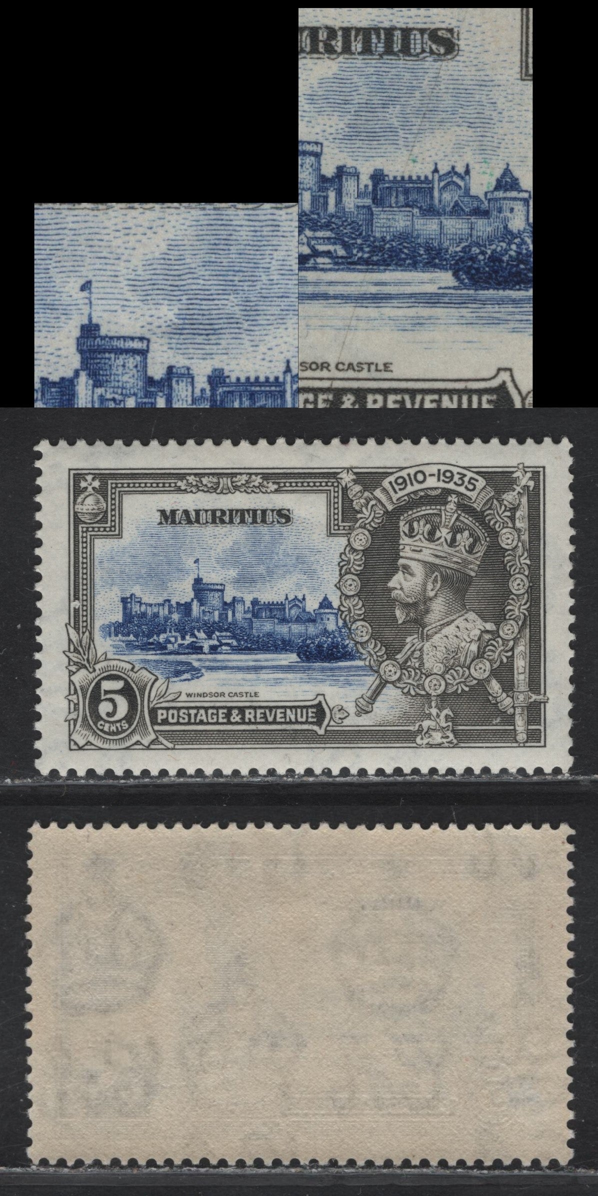 Lot 202 Mauritius SG#245var 5c Ultramarine & Gray KGV & Windsor Castle, 1935 Silver Jubilee Issue, A VFNH Single, Diagonal Scratch In Sky Above Winchester Tower
