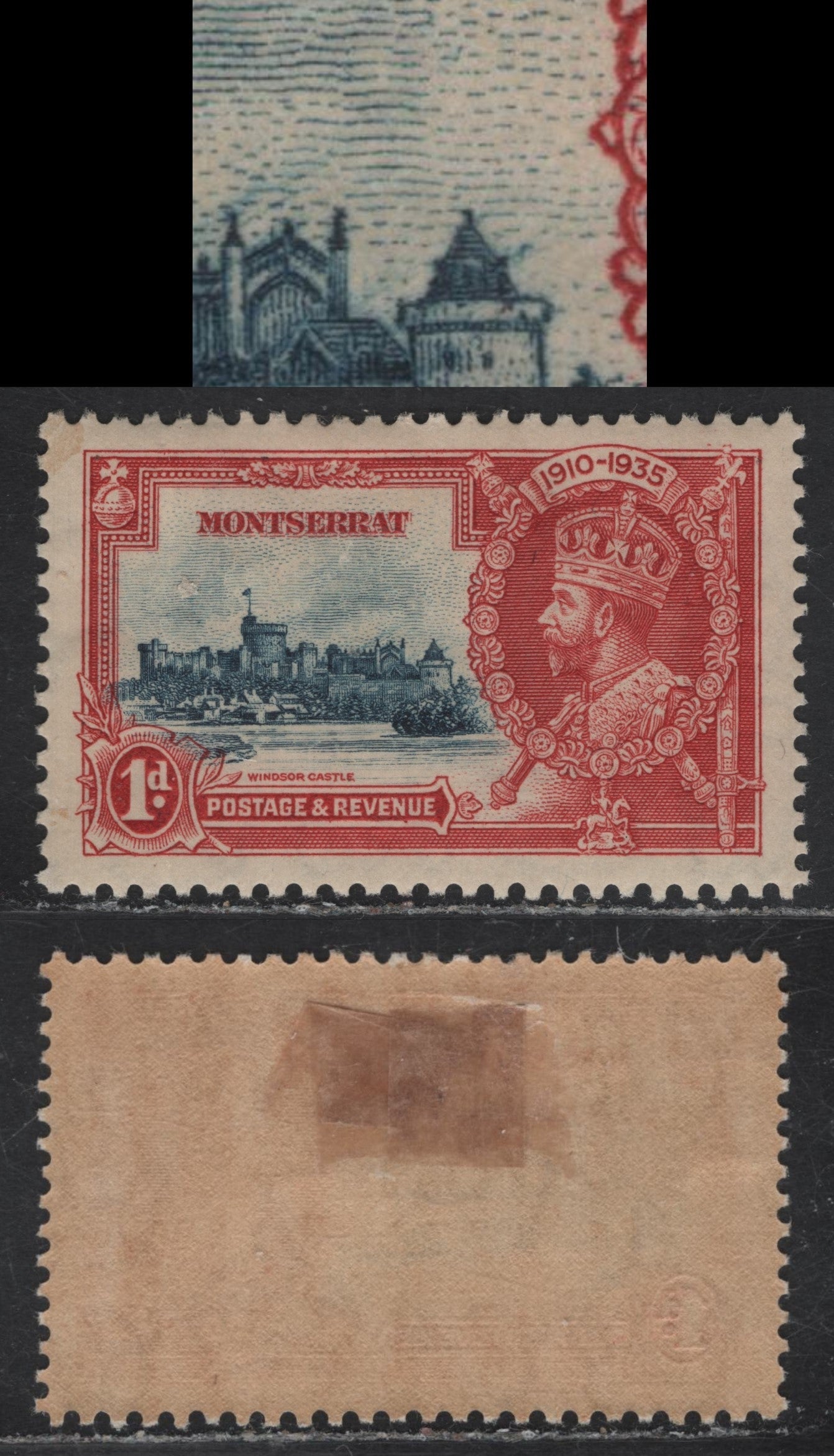 Lot 211 (C) Montserrat SG#94 1d Deep Blue & Deep Scarlet KGV & Windsor Castle, 1935 Silver Jubilee Issue, A VFOG Single, Showing Low Angle Lightening Rod From The Left Spire of the Chapel