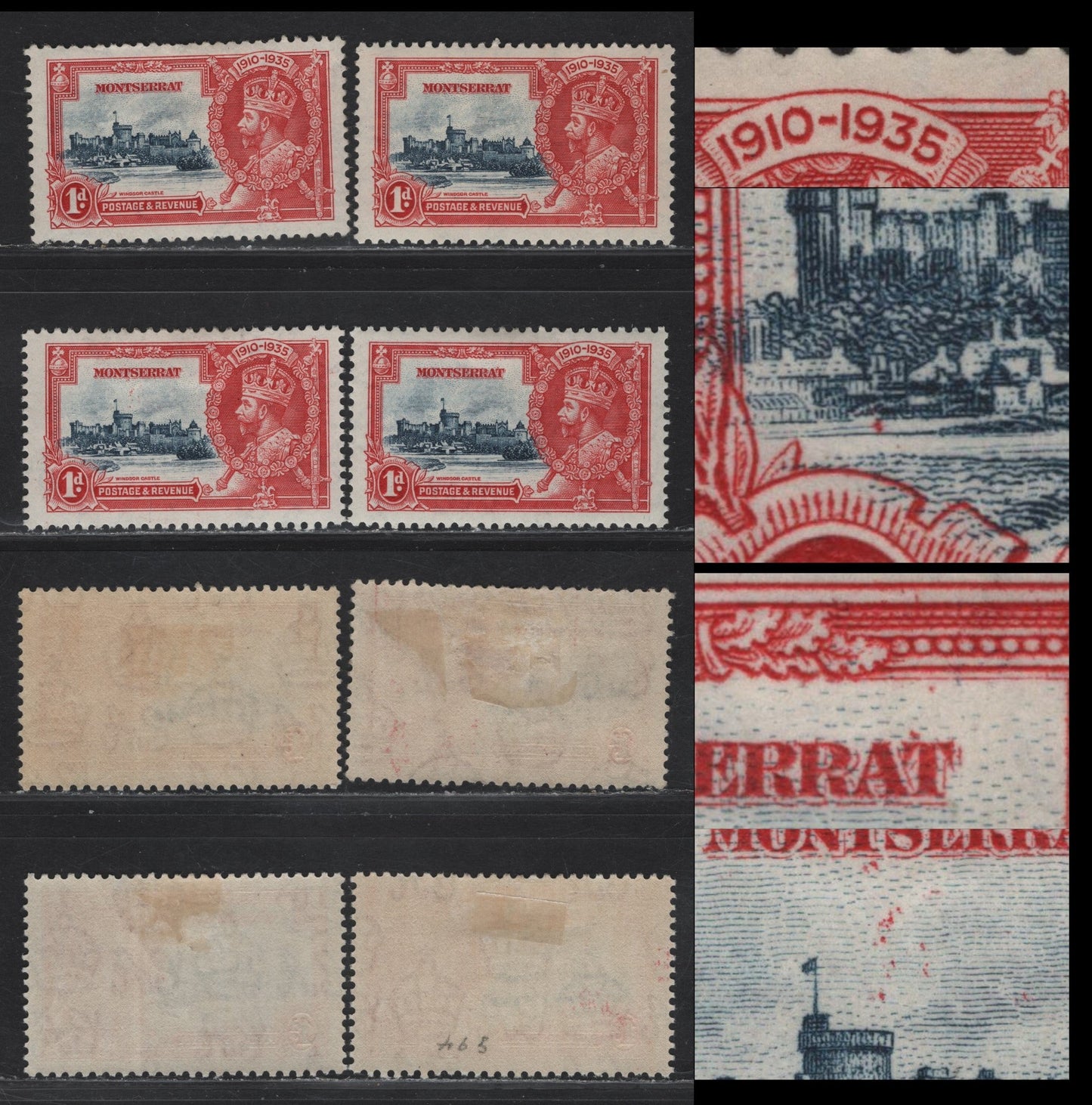 Lot 212 Montserrat SG#94 1d Deep Blue & Scarlet KGV & Windsor Castle, 1935 Silver Jubilee Issue, 4 F/VFOG Singles, Showing Frame Plate Varieties