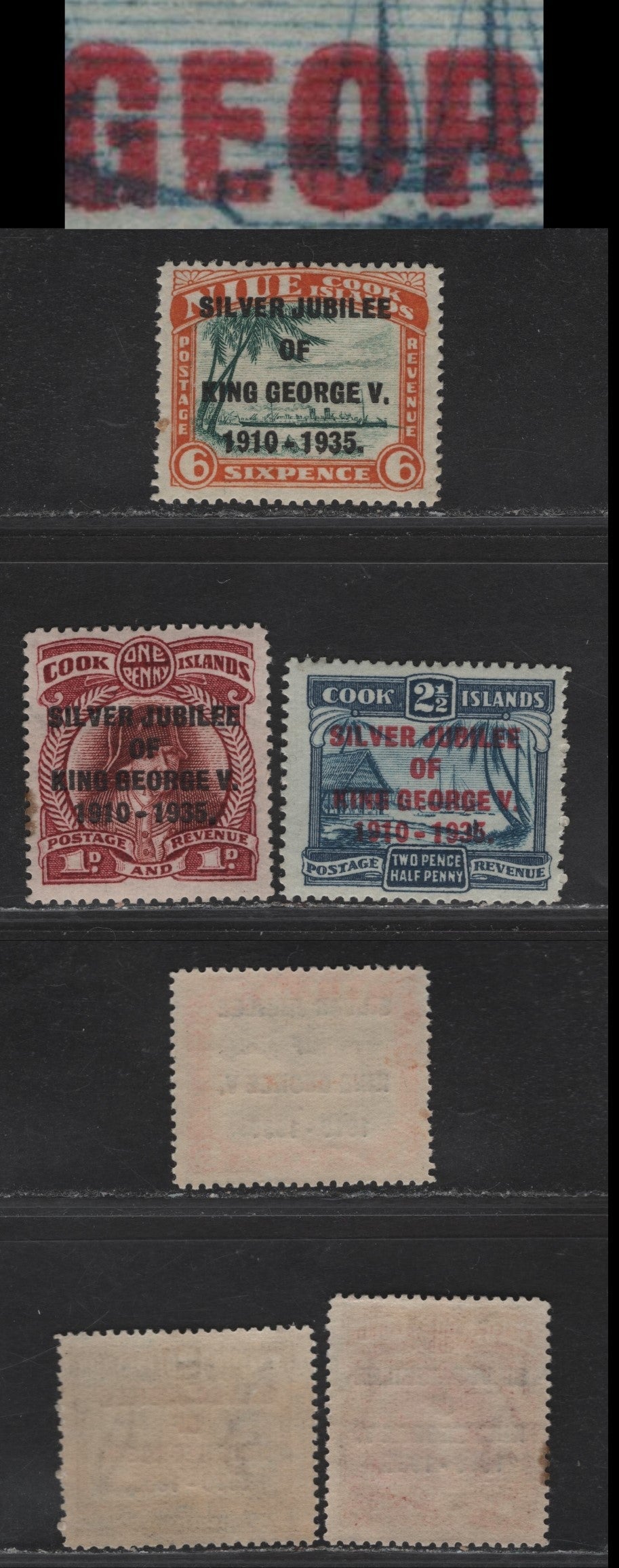 Lot 228 Niue SG#69, 70a, 71 1d - 6d Red Brown & Lake - Green & Orange Landing Of Captain Cook, 1935 Silver Jubilee Issue, 3 F/VFOG Singles, Narrow First 'E' in George