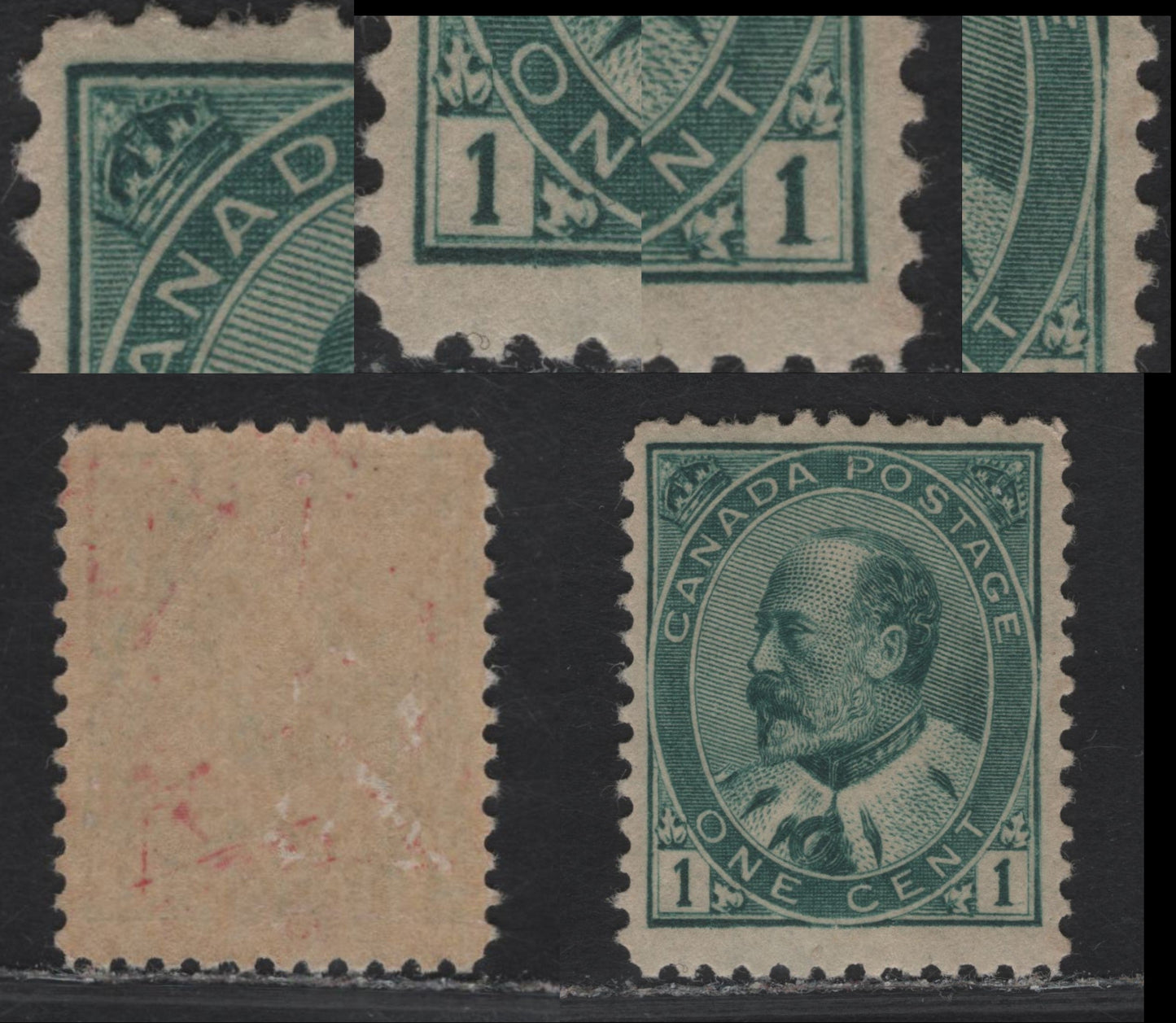 Canada #89iii 1c Blue Green King Edward VII, 1903-1908 King Edward VII Issue, A FOG Single, Paper ABN-XX, Perf 12, Showing Re-Entries Showing Doubling Of The UL Frameline, LL Numeral Boxes, LR Numeral Box & LR Frameline.