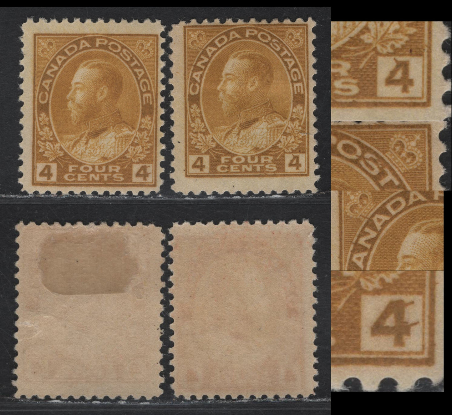 Lot 136 (C) Canada #110c 4c Deep Golden Yellow King George V, 1911-1925 Admiral Issue, 2 FOG Singles, Slightly Different Shades, Wet Printings, Paper ABN-E, Significant Spurs Of Ink & Breaks In Letters, Perfs 12.1x12 & 12x11.9.