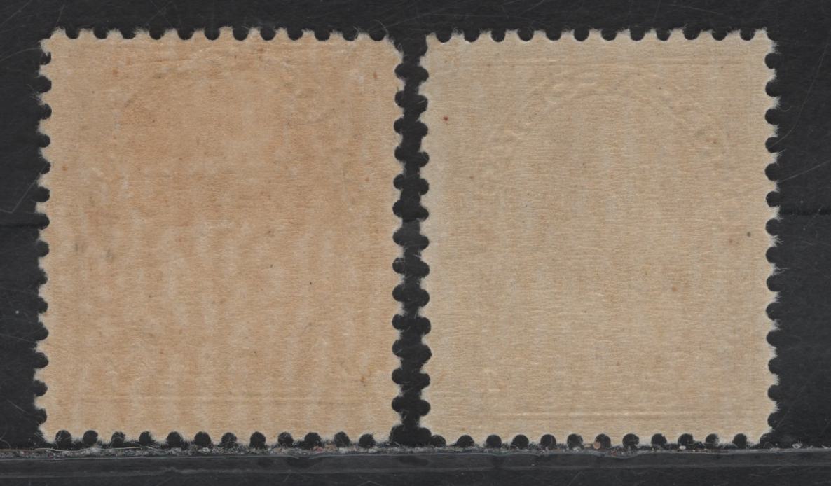 Lot 140 (C) Canada #110d 4c Dull Olive Yellow King George V, 1911-1925 Admiral Issue, 2 FOG Singles, Dry Printings, Papers ABN-M & ABN-TTT, Redrawn Frameline, Perf 12.