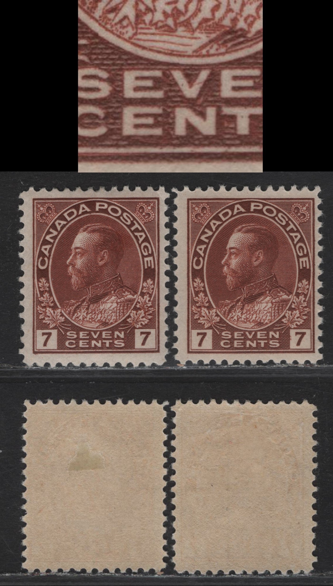 Lot 172 (C) Canada #114b, 114iv 7c Lake Brown King George V, 1911-1925 Admiral Issue, 2 FOG Singles, Wet Printings, Papers ABN-VVV & ABN-V, Perfs 12x11.9 & 11.8x11.9.