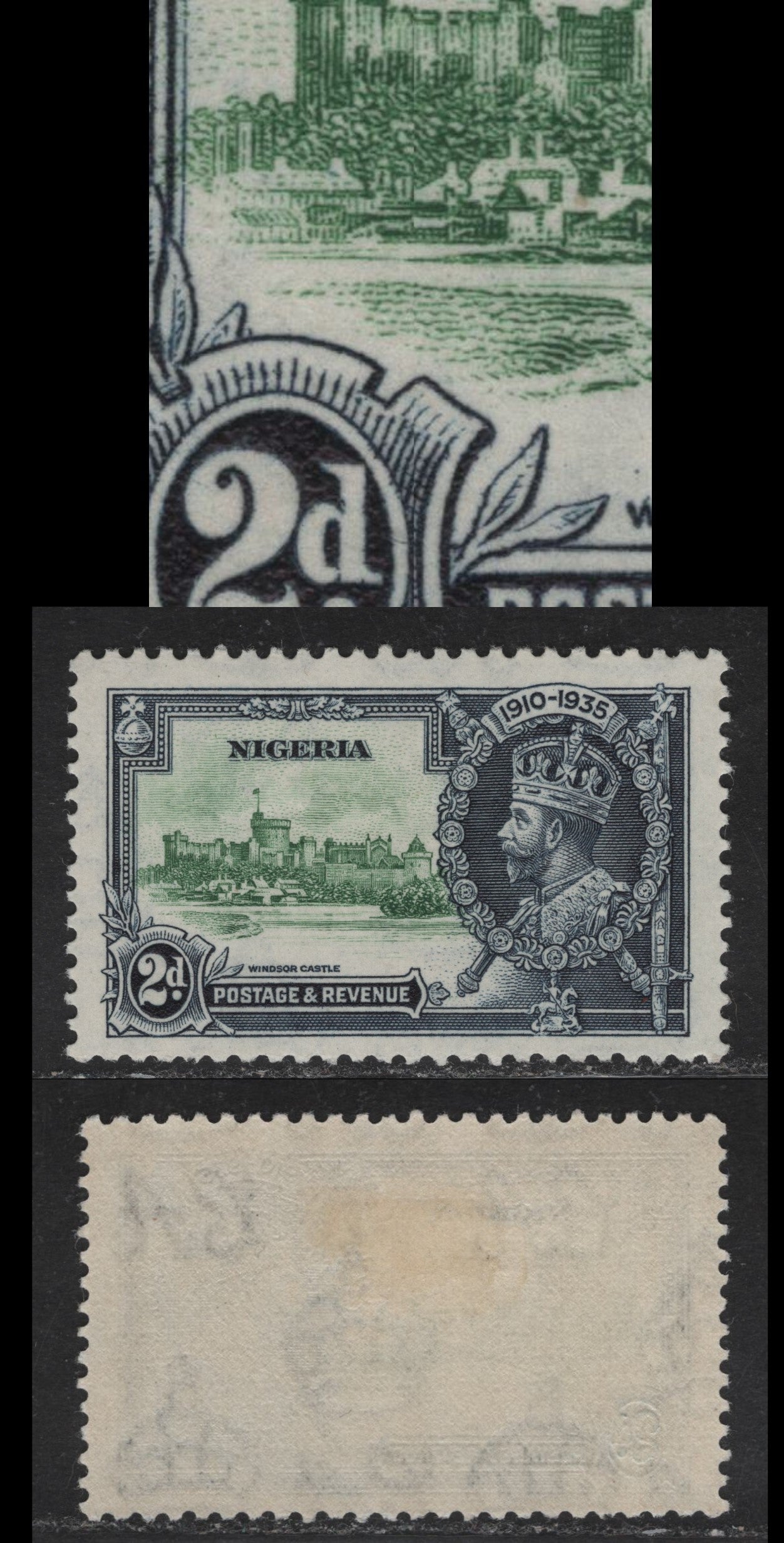 Lot 235 Nigeria SG#31 2d Green & Indigo KGV & Windsor Castle, 1935 Silver Jubilee Issue, A VFOG Single, Showing Major Upward Shift Of Vignette, Where There Is Quite A Lot Of White Space Between The Value Tablet & Broca's Meadow