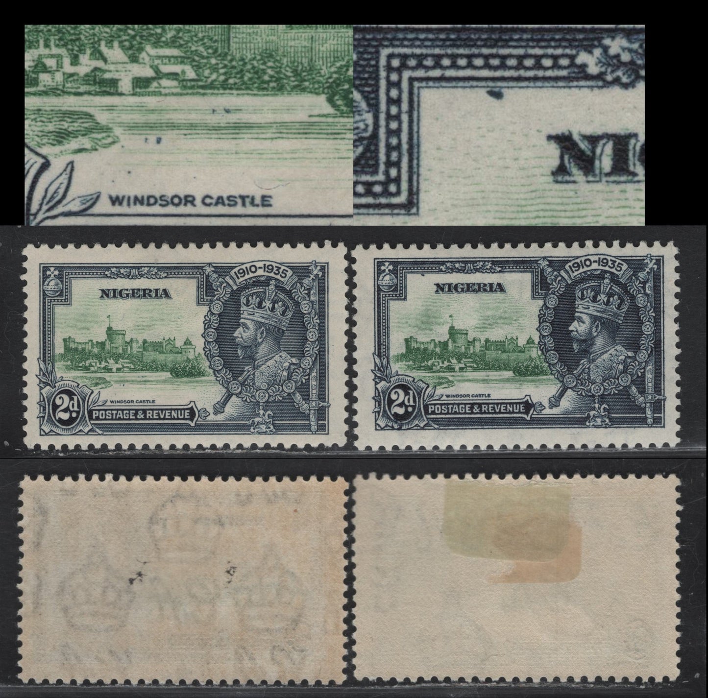 Lot 239 Nigeria SG#31var 2d Green & Indigo KGV & Windsor Castle, 1935 Silver Jubilee Issue, 2 F/VFOG Singles, Two Different Shades, Both Showing Potentially Constant Varietes Of The Frame Plate