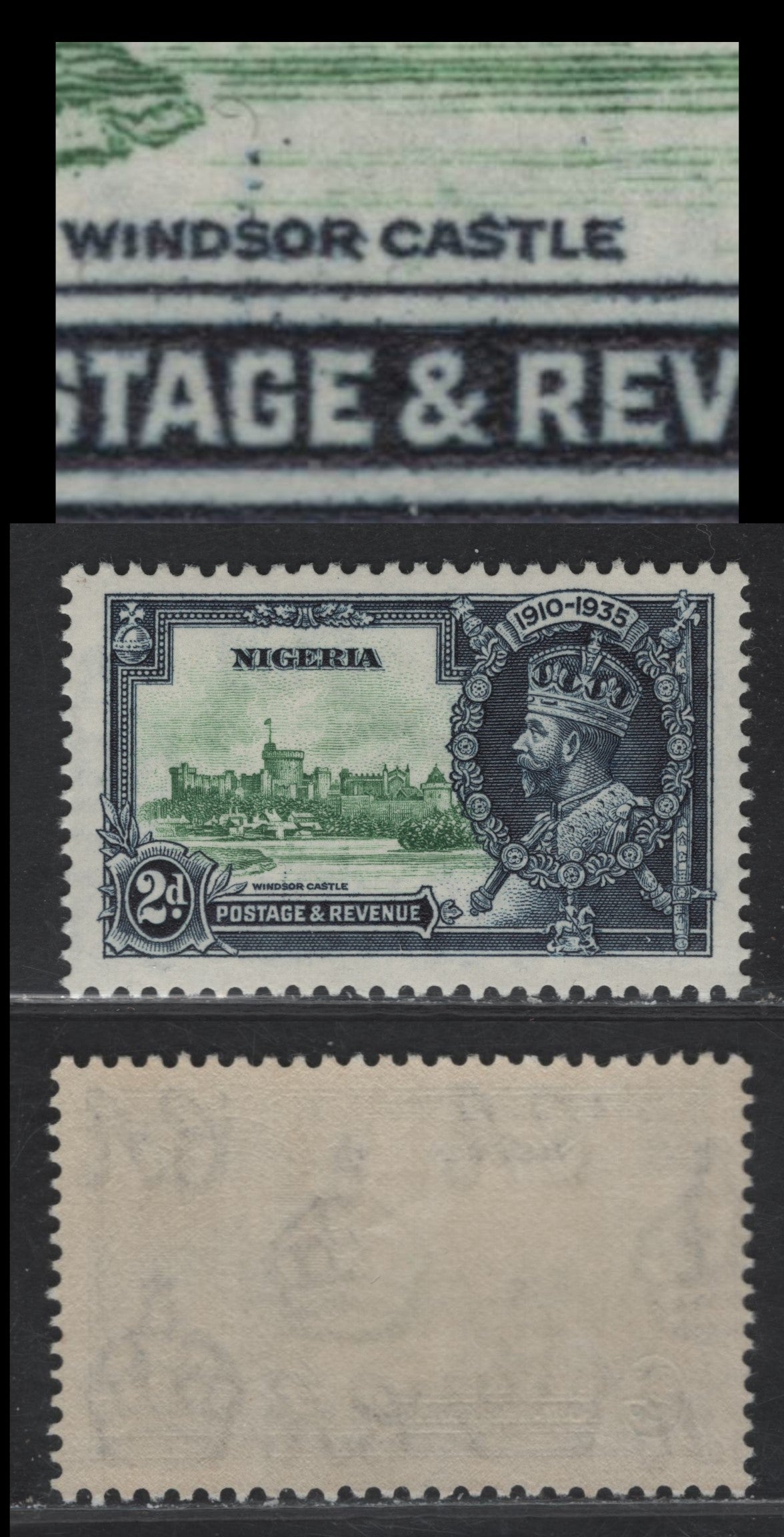 Lot 240 Nigeria SG#31var 2d Green & Indigo KGV & Windsor Castle, 1935 Silver Jubilee Issue, A VFNH Single, Showing Line Through 's' of Windsor 7 3 Dots Above 's', Likely Constant, Though I Have Never Seen Another