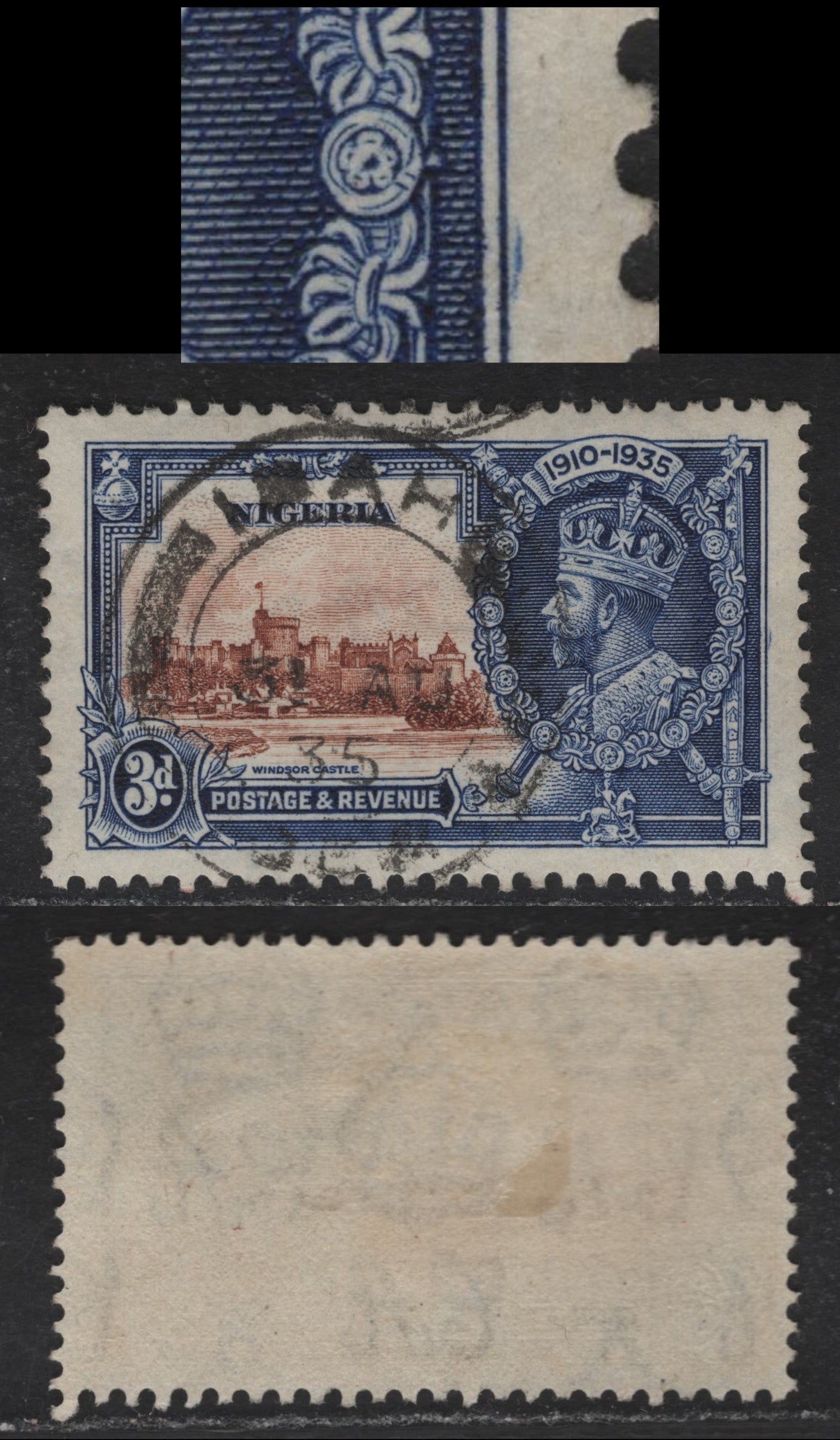 Nigeria SG#32var 3d Orange Brown & Deep Blue KGV & Windsor Castle, 1935 Silver Jubilee Issue, A Very Fine Used Single, Showing Arc In Right Margin To The Right of The Portrait With Jedah CDS