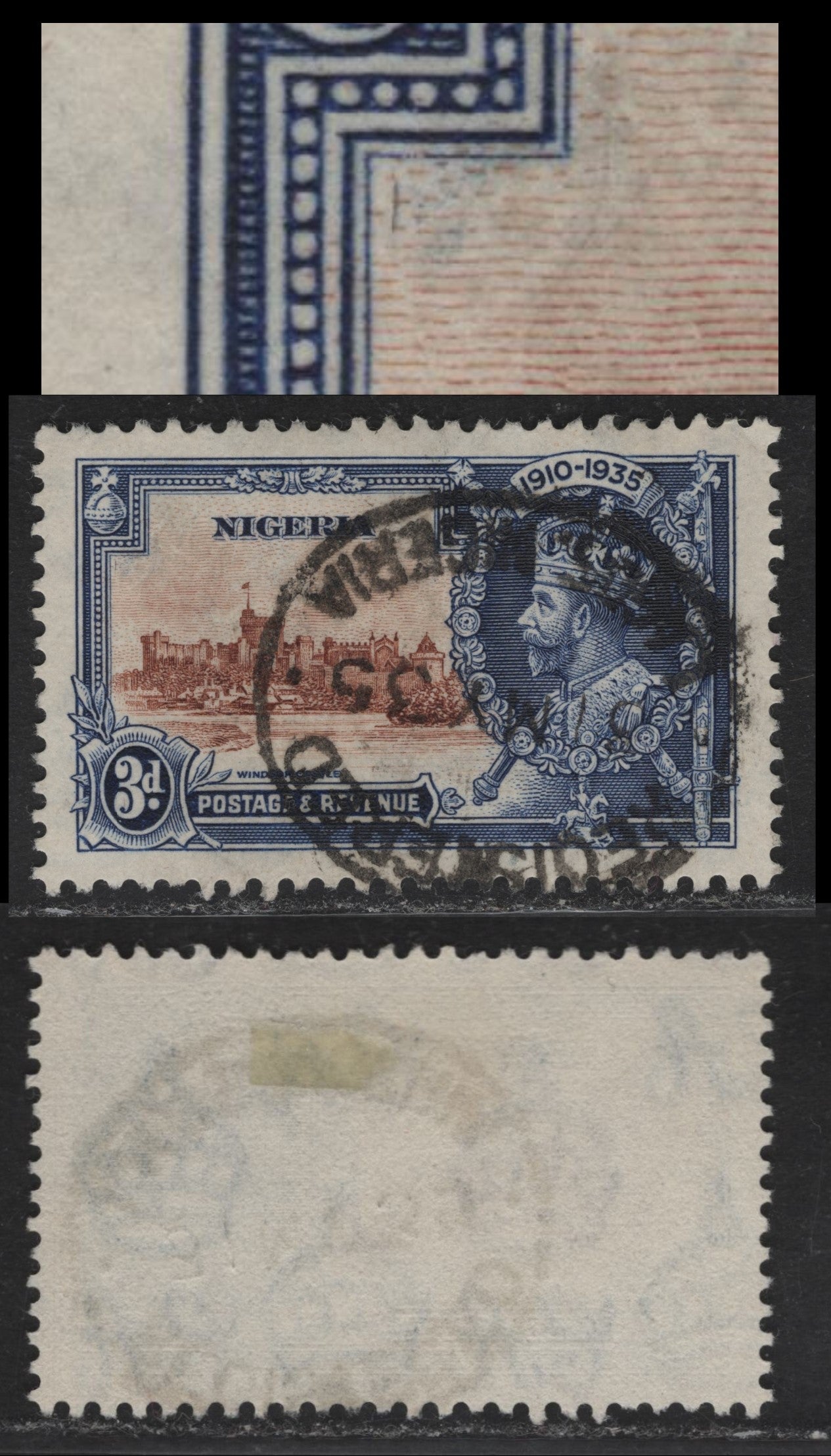 Nigeria SG#32 3d Orange Brown & Deep Blue KGV & Windsor Castle, 1935 Silver Jubilee Issue, A Very Fine Used Single, Showing Vertical Scratch In Sky Under Orb