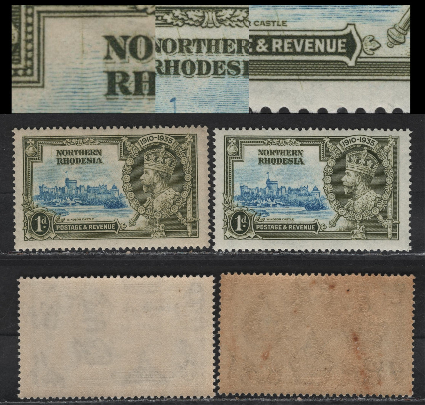 Lot 261 Northern Rhodesia SG#18var 1d Light Blue & Olive Green KGV & Windsor Castle, 1935 Silver Jubilee Issue, 2 VFNH Singles, Showing Varieties Of The Frame Plate