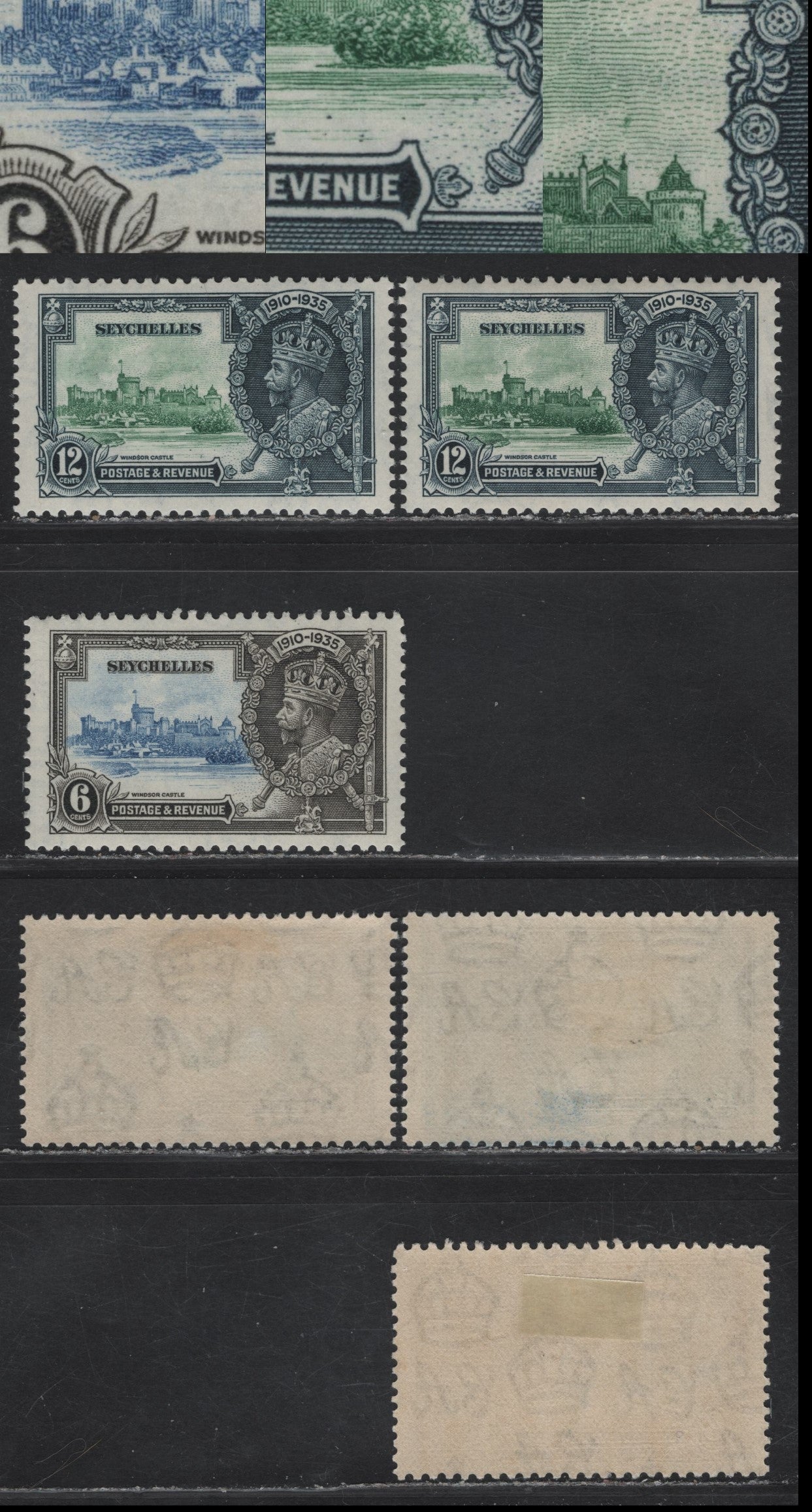 Lot 281 Seychelles SG#128var, 129var 6c - 12c Ultramarine & Gray Black - Green & Indigo KGV & Windsor Castle, 1935 Silver Jubilee Issue, 3 VFOG Singles, Plate Flaws Of The Vignette Plates