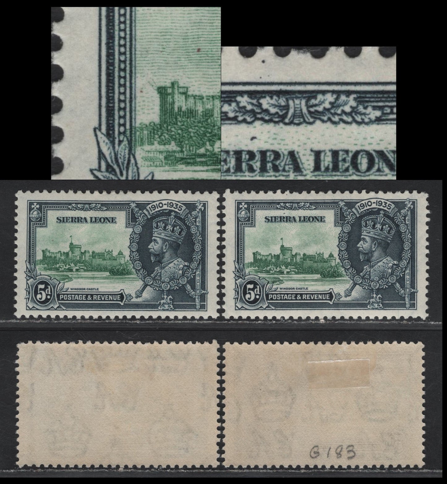 Lot 291 Sierra Leone SG#183var 5d Green & Indigo KGV & Windsor Castle, 1935 Silver Jubilee Issue, 2 VFOG Singles, Potentially Constant Varieties Involving The Vignette Plate