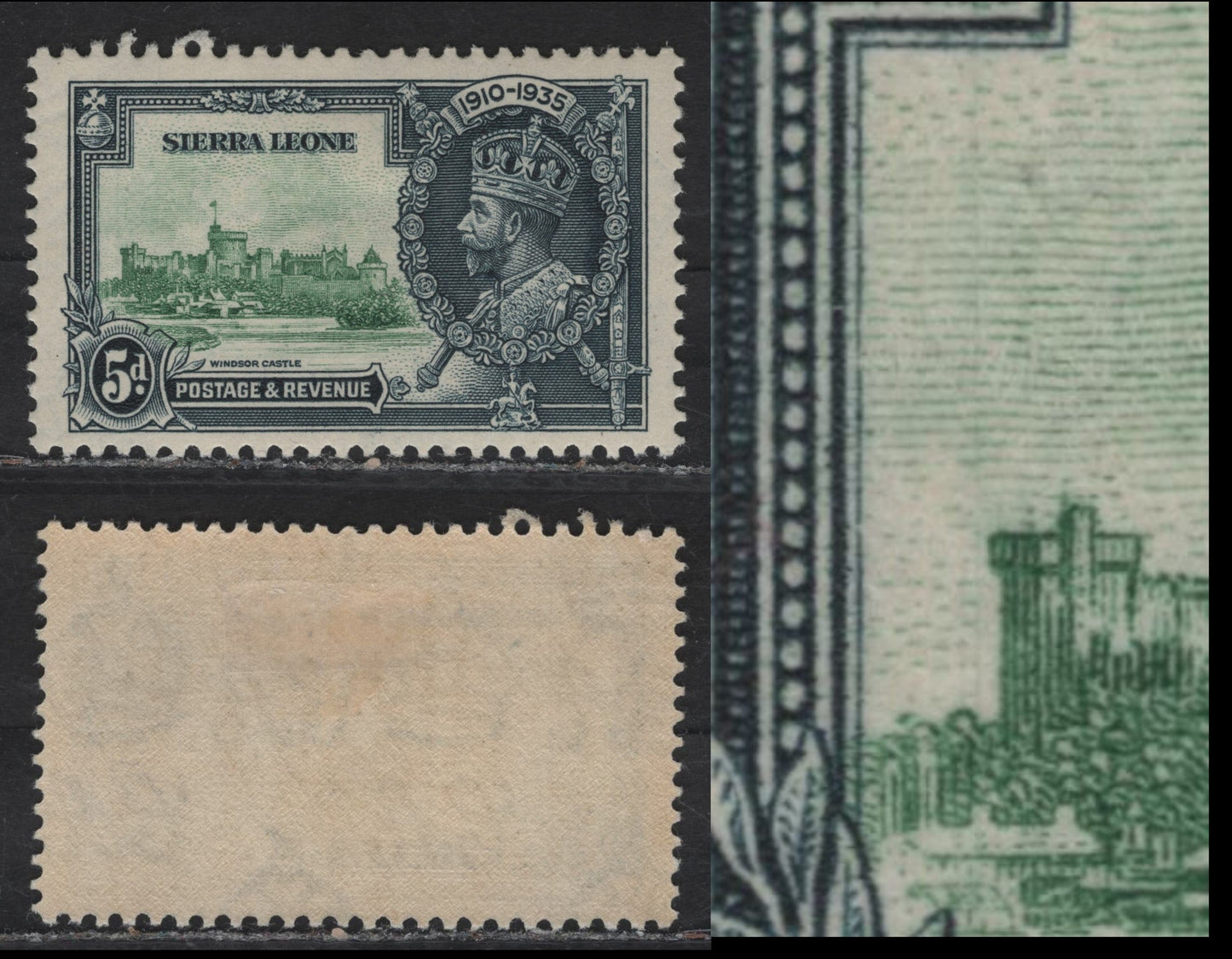 Lot 292 Sierra Leone SG#183var 5d Green & Indigo KGV & Windsor Castle, 1935 Silver Jubilee Issue, A VFOG Single, Partially Erased Vertical Hairline Through The Design To The Left Of Brunswick Tower