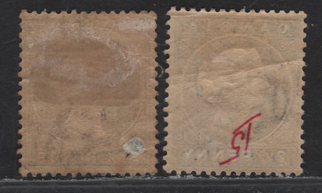 Lot 34 (C) Gambia SG#26, 32d 2.5d - 6d Ultramarine - Olive Green Queen Victoria, 1880-1881 Queen Victoria Embossed Cameo Issue, 2 VG/VFOG Singles, Sideways Crown CA Wmk