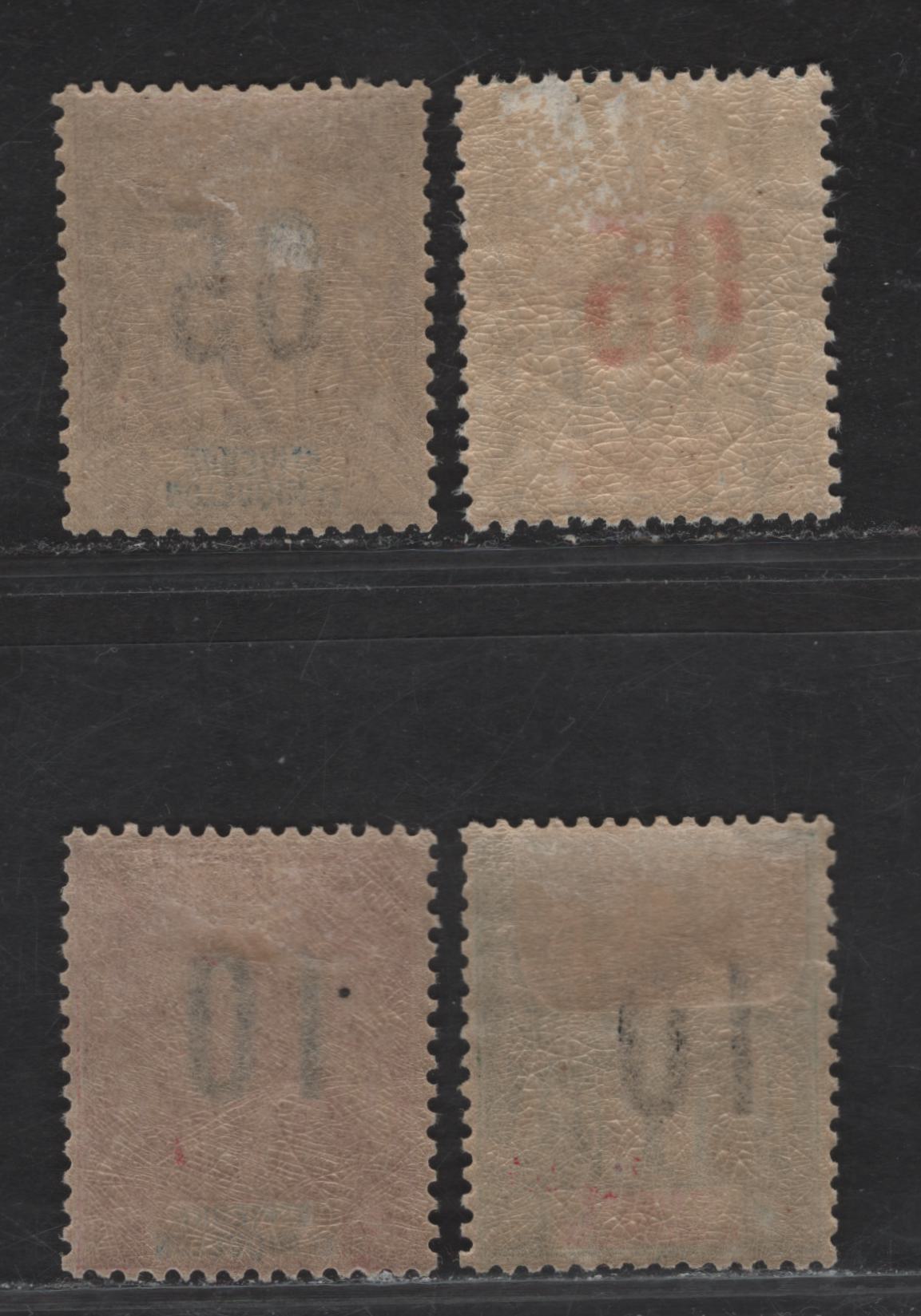 Lot 380 St. Pierre & Miquelon SC#110, 112, 118, 120 3c on 2c - 10c on 1fr Brown on Buff - Bronze Green on Straw , 1912 Surcharge Issue, 4 VFOG Singles