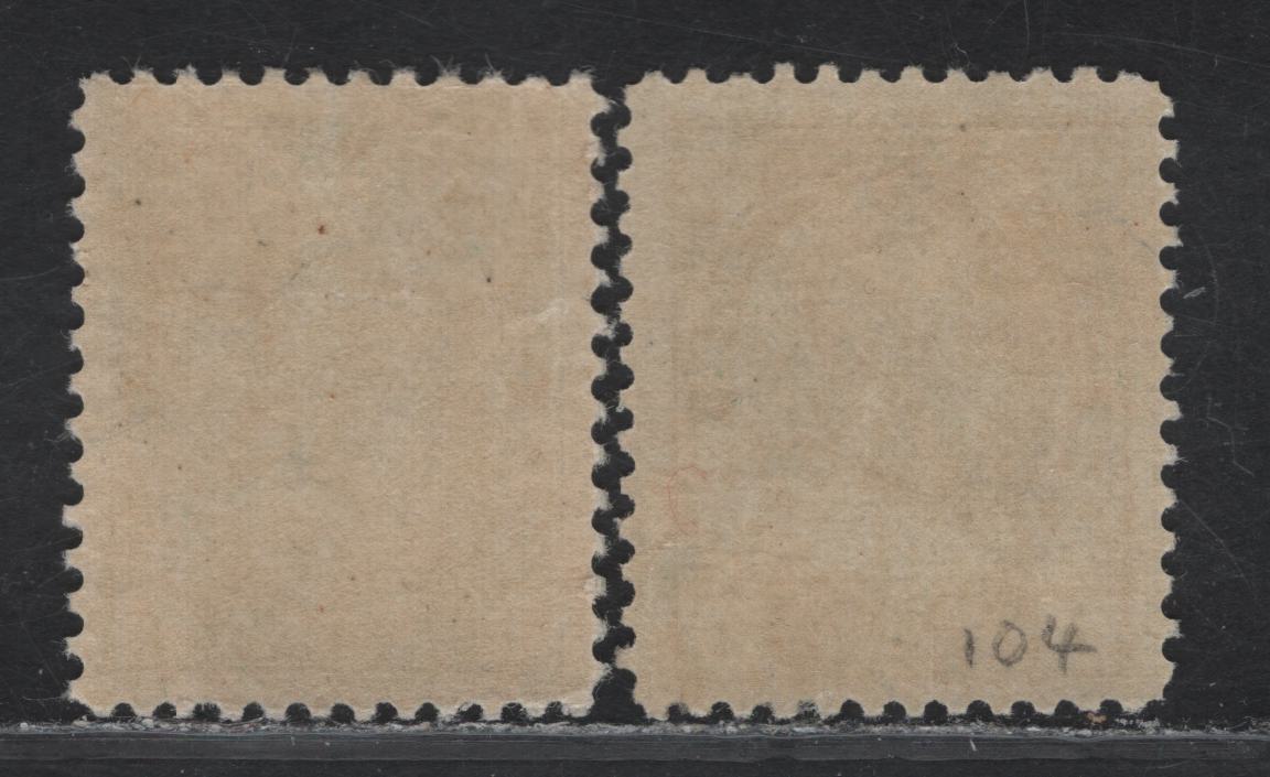 Lot 68 (C) Canada #104, 104i 1c Dark Green & Dark Yellowish Green King George V, 1911-1925 Admiral Issue, 2 VFOG Singles, Paper ABN-E, Perfs 11.9x11.8 & 11.9