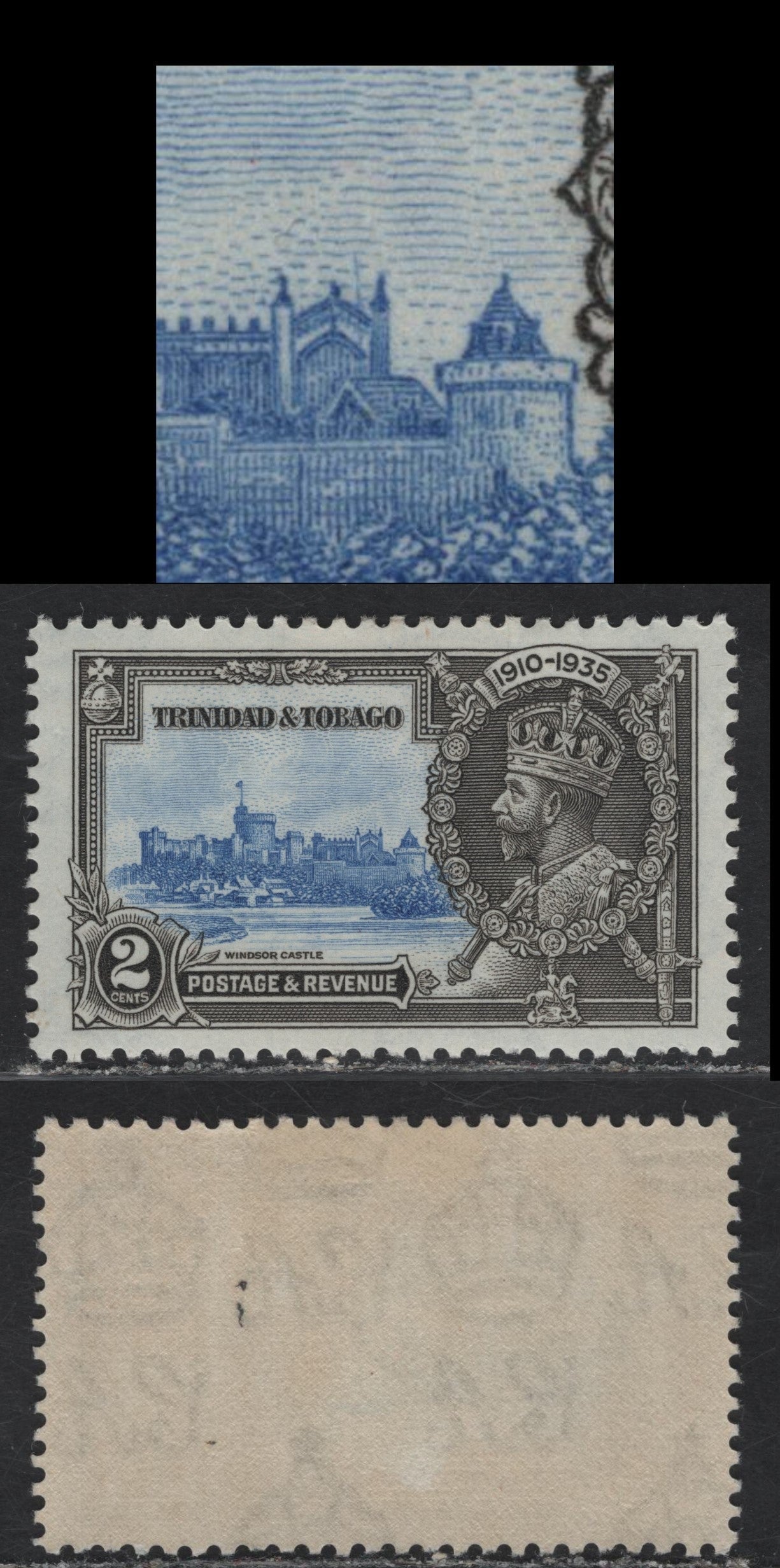 Lot 138 Trinidad & Tobago SG#239c 2c Ultramarine & Gray Black KGV & Windsor Castle, 1935 Silver Jubilee Issue, A VFOG Single, Normal Frame Plate, Lighting Conductor