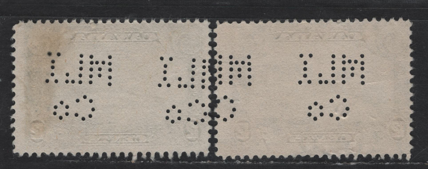 Lot 273 Canada #156 12c Slate & Gray Slate Quebec Bridge, 1928-1929 Scroll Issue, 2 Very Good/Fine Used Singles, Paper ABN-M, Ottawa Metropolitan Life Insurance Perfin