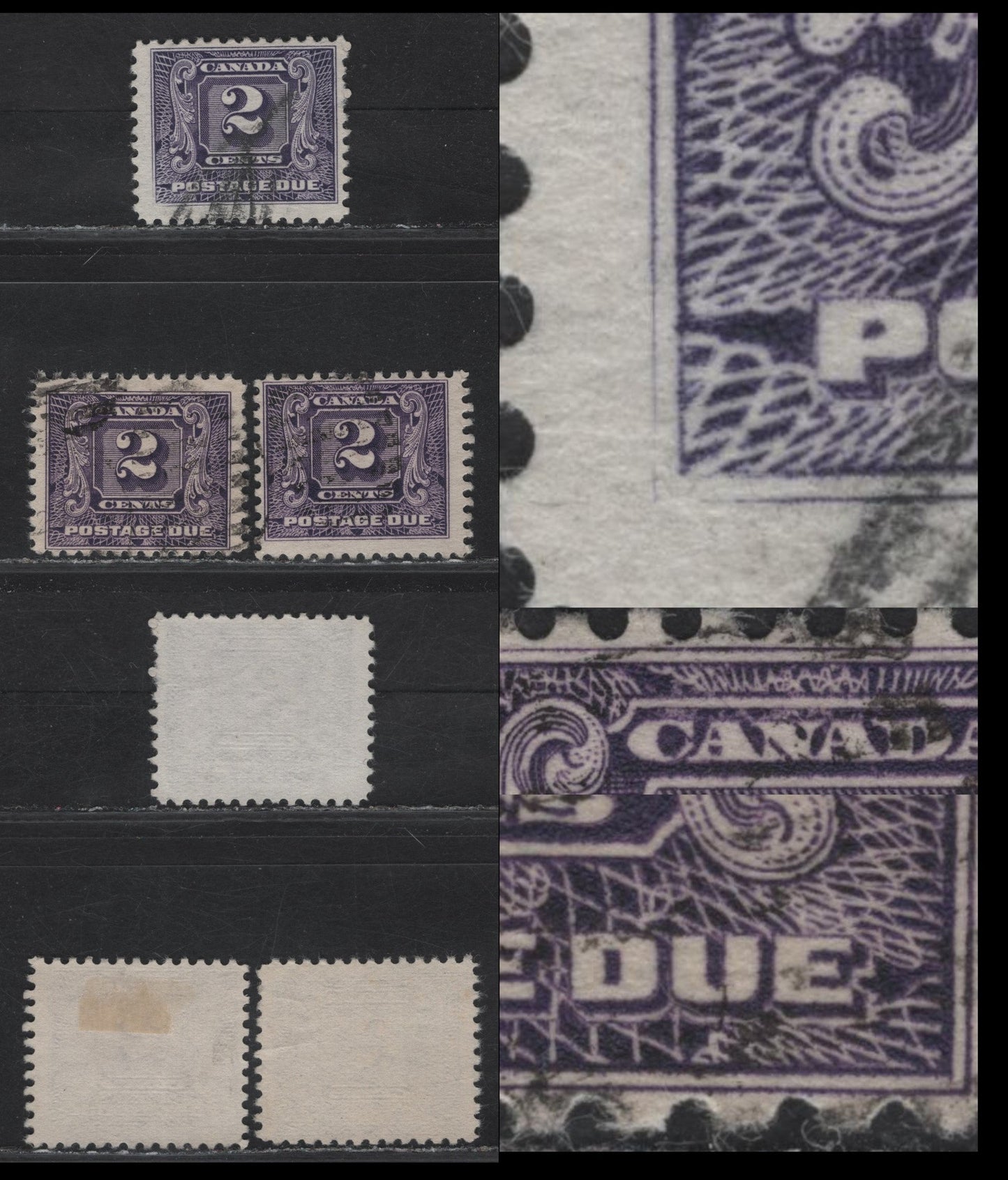 Lot 171 Canada #J7var 2c Dull Violet - Dull Bluish Violet Numeral, 1930-1932 2nd Postage Due Issue, 3 Fine Used Singles, Various Papers, Perfs & Design Sizes