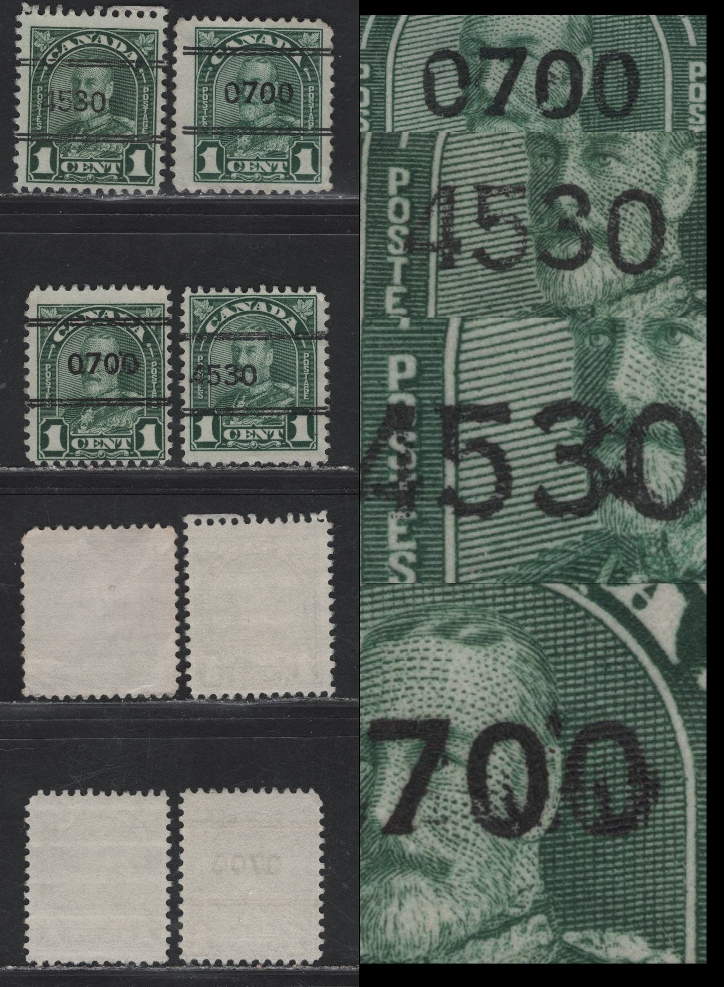 Lot 188 Canada #163xx 1c Deep Green - Myrtle Green King George V, 1930-1931 Arch/Leaf Issue, 4 Fine Used Singles, Different Precancels,