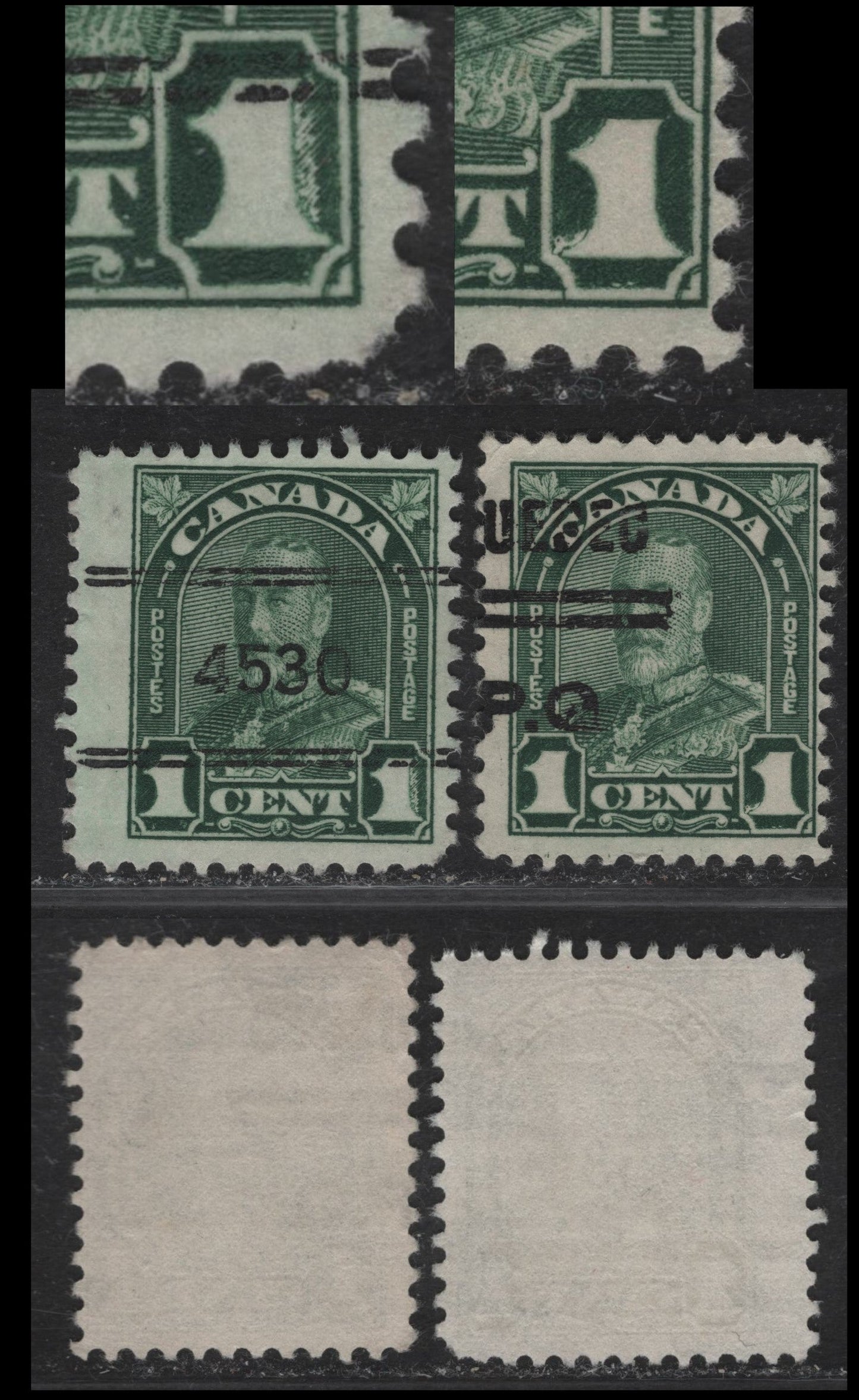 Lot 193 Canada #163bxx 1c Deep Green King George V, 1930-1931 Arch/Leaf Issue, 2 Fine Used Singles, Papers BABN-M & BABN-N, Toronto Style 13 & Quebec Style 3, Both Showing Dry Inking Die Flaws Near The Right Value Tablet.