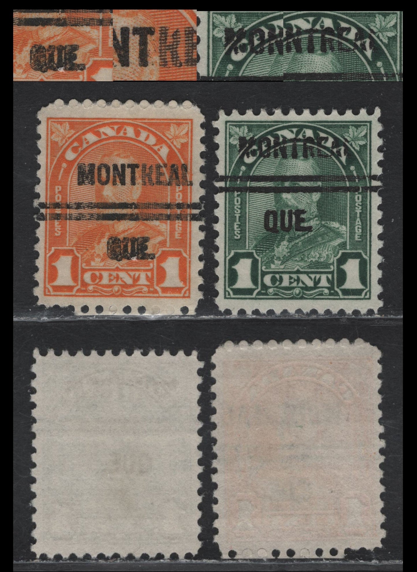 Lot 205 Canada #162xx, 163xx 1c Orange - Deep Green King George V, 1930-1931 Arch/Leaf Issue, 2 Very Fine Used Singles, Paper BABN-M, Montreal Stlye 7 Precancel, Perfs 11x10.8 & 11.1x10.8.