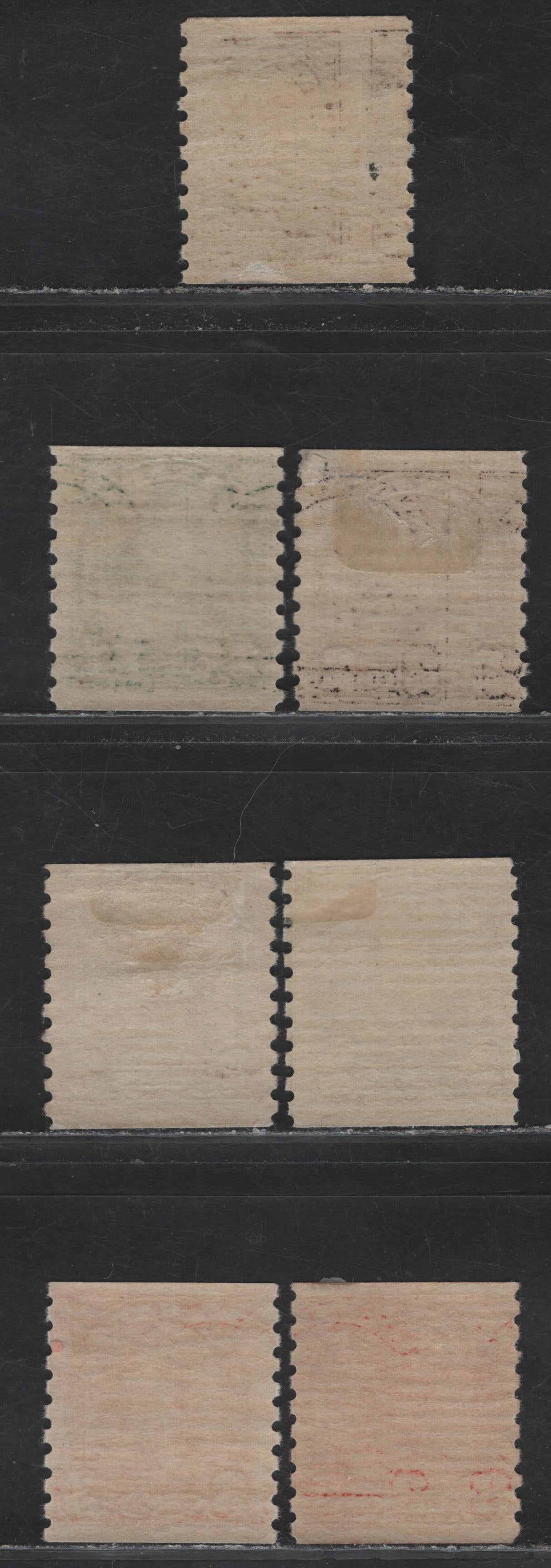Lot 258 Canada (C) #179, 179xx, 182-183 1c - 3c Pale Dull Blue Green - Deep Scarlet Red King George V, 1930-1931 Arch/Leaf Coil Issue, 7 FOG Singles, Papers BABN-Y, BABN-AA & BABN-BB, All Rotary Bar Perforated, One Precancel.