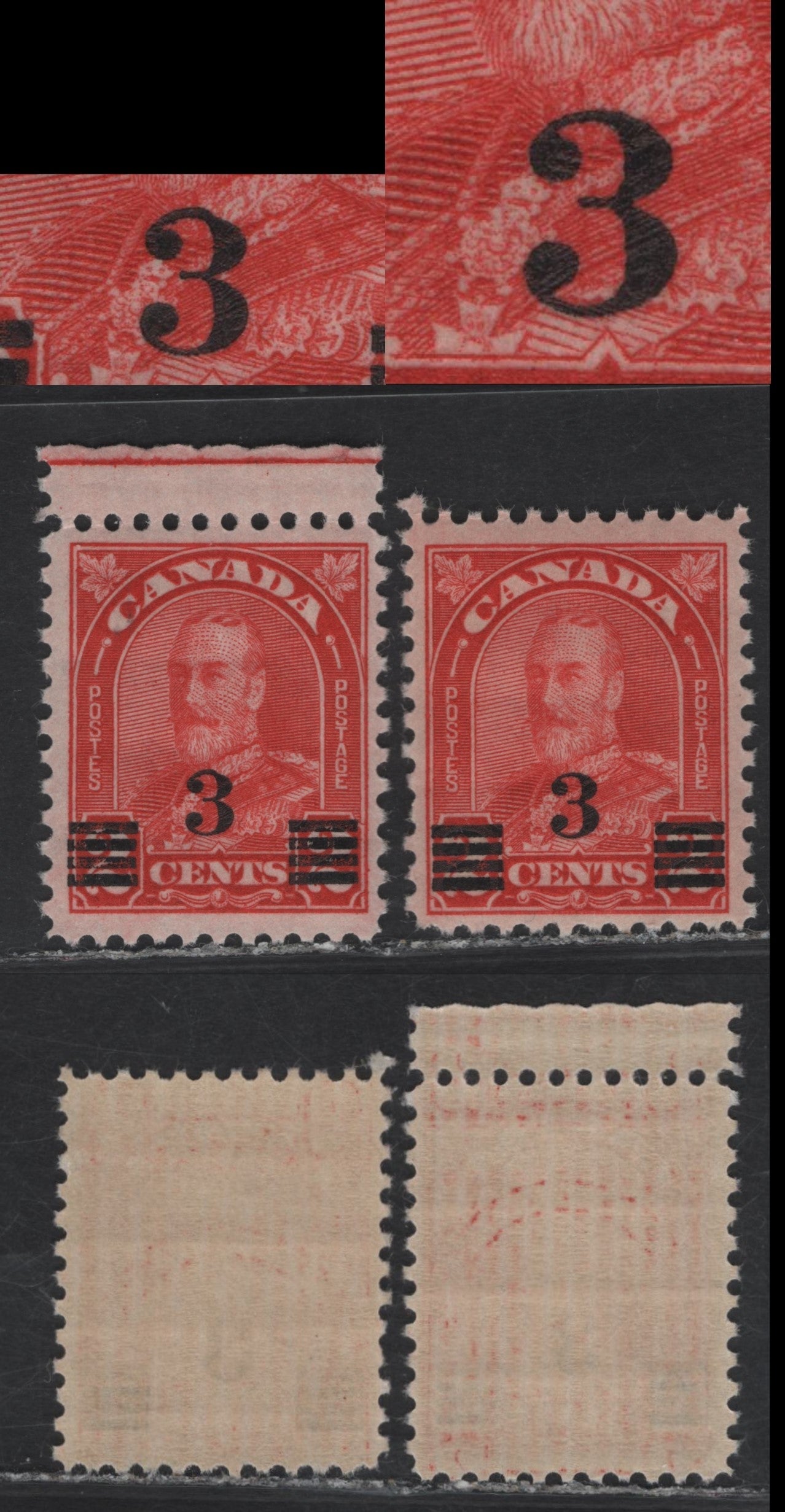 Lot 271A Canada #191var 3c on 2c Scarlet King George V, 1932 Arch/Leaf Provisional Issue, 2 FNH Singles, Die 2, Paper BABN-M, Perf 11.1x10.9, Showing Deformed '3' With Normal For Comparison.