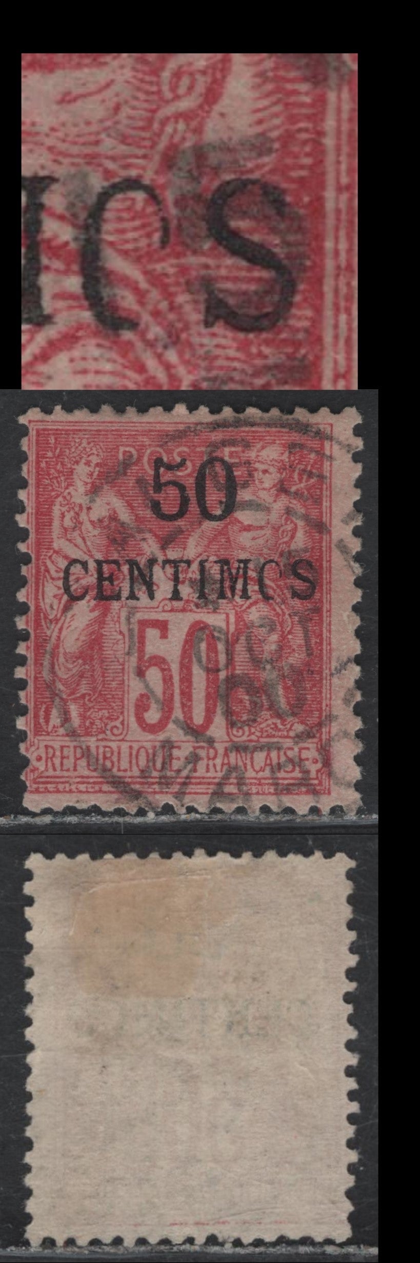 Lot 3 French Morocco SC#6var 50c on 50c Carmine Peace & Commerce, 1891-1900 Overprinted Peace & Commerce Issue, A Fine Used Single, Type II, Showing Damaged 'O' in Centimos, Unlisted & Interesting.