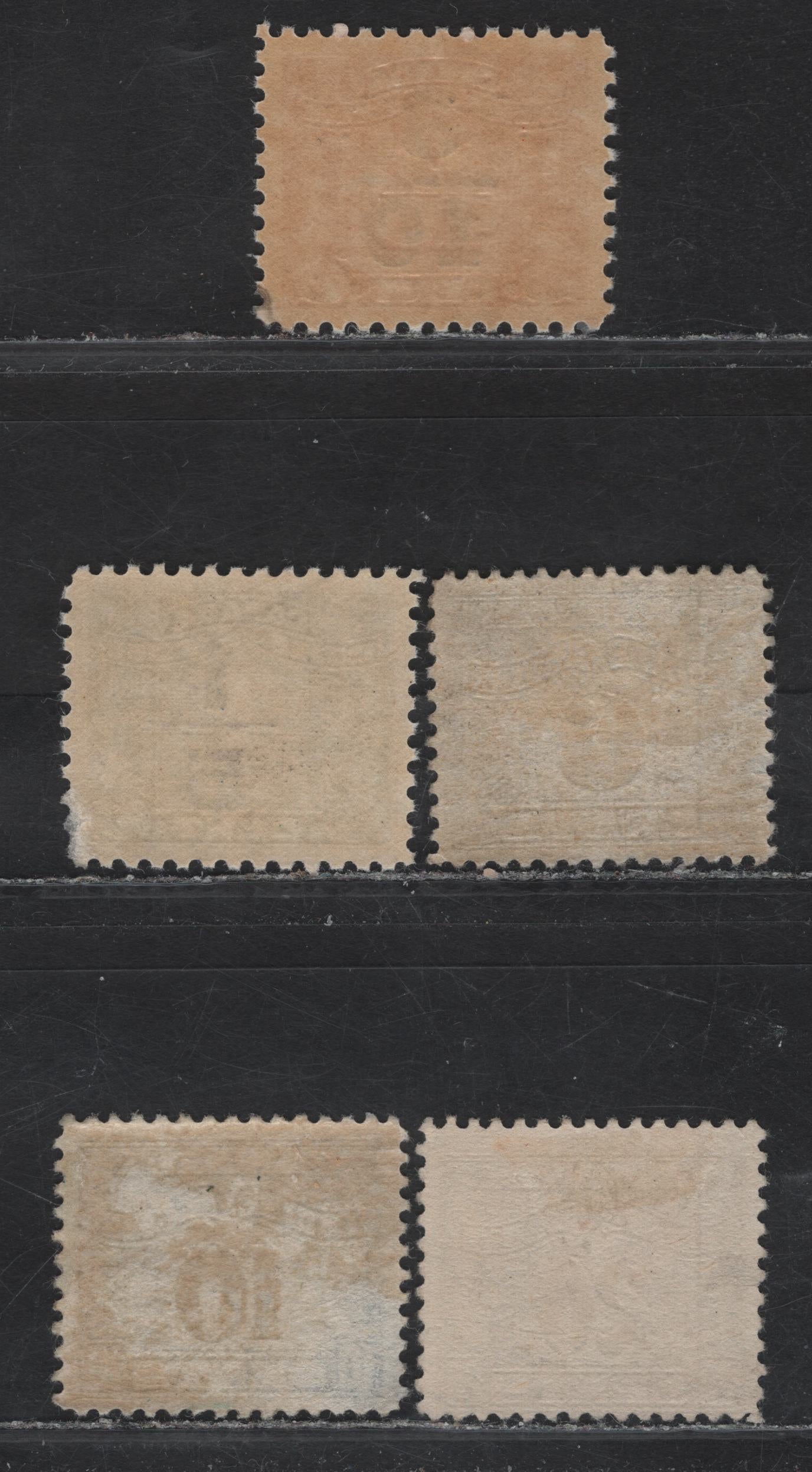 Lot 107 Canada (C) Van Dam#FX40, FX42-43, FX104-105 6c - 3/10 on 9/40c Blue - Red Numerals, 1915-1948 Two Leaf & Three Leaf Excise Tax Issues, 5 VG/F/VFOG & Unused Singles, The 10c Has A Thin, 20c Has No Gum, Small Gum Soag On The 1/10 on 9/40c.