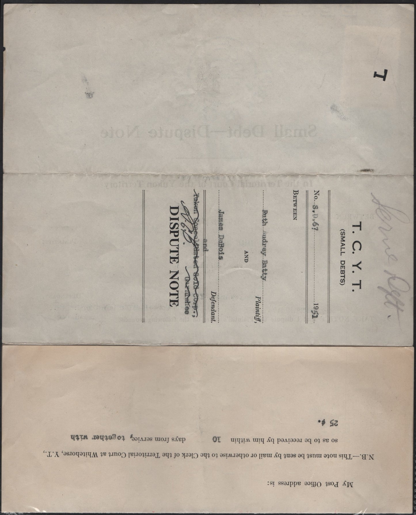 Lot 140 Canada - Yukon (C) Van Dam#YL13 25c on 10c Blue, Silver & Black Liberty, 1902 Law Issue, A Fine/Very Fine Used Single On Sheet Of Paper, Used on 1951 Small Debt Dispute Note