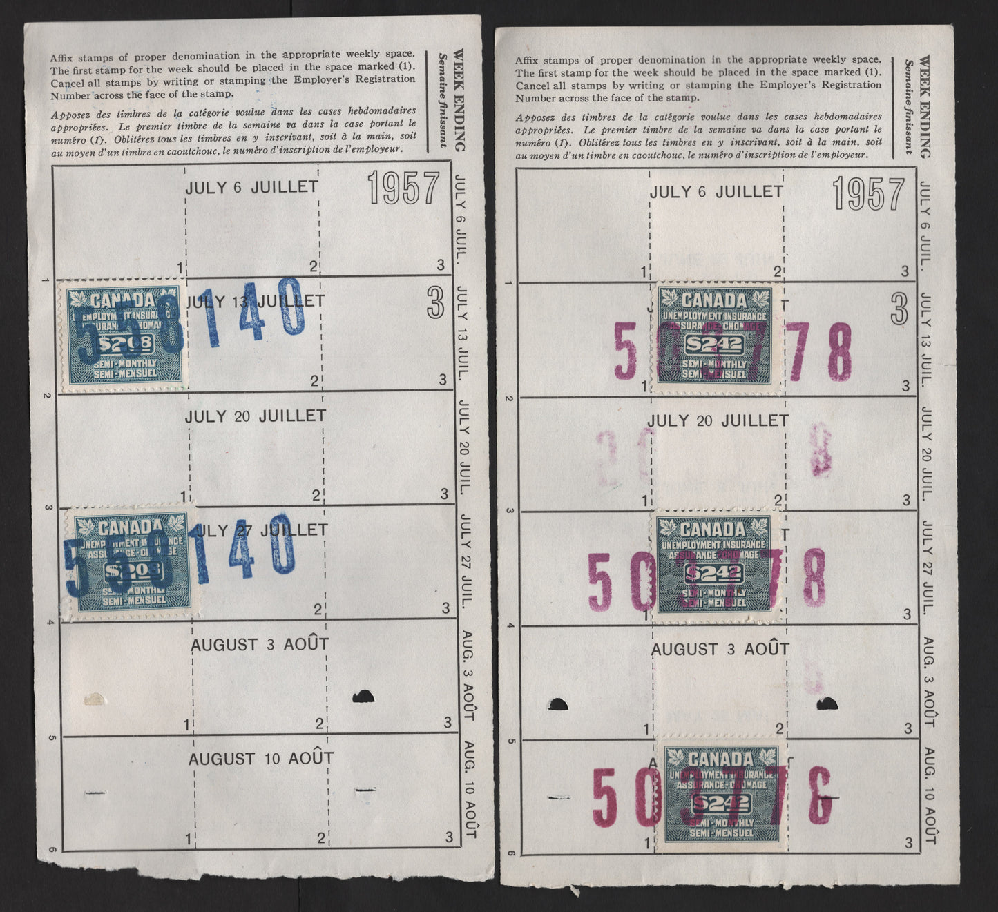 Lot 176 Canada (C) Van Dam#FU51, FU53 $2.08 - $2.42 Blue - Slate Numeral, 1955 Unemployment Insurance Issue, 2 Very Fine Used Pages Franked With Singles, Franked With 6 Singles Of FU53 & 5 of FU51, Cancelled With Blue & Magenta Numeric Hand Stamps